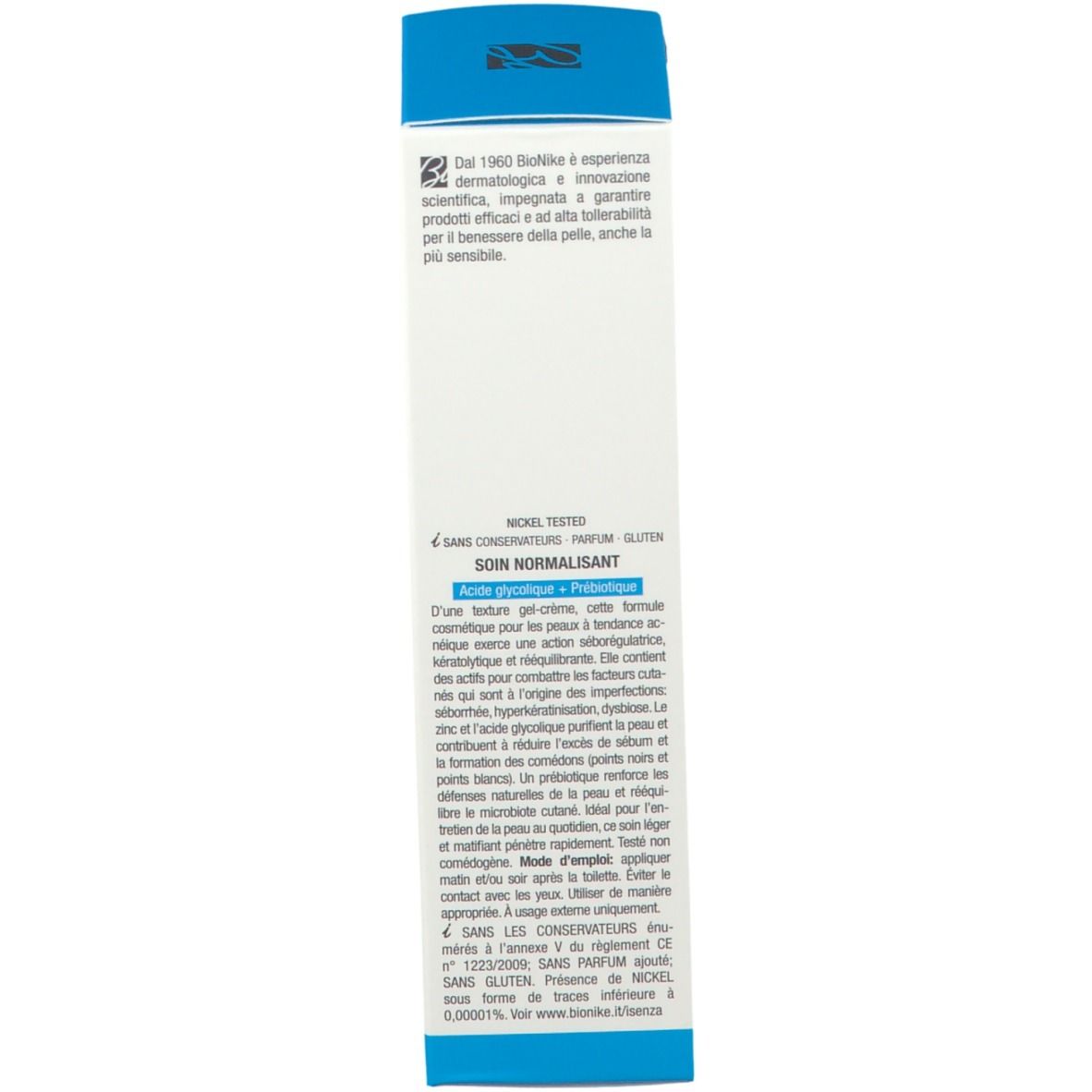 Rückseite der Produktverpackung. Text in mehreren Sprachen. Marke: BioNike. Nickel getestet.