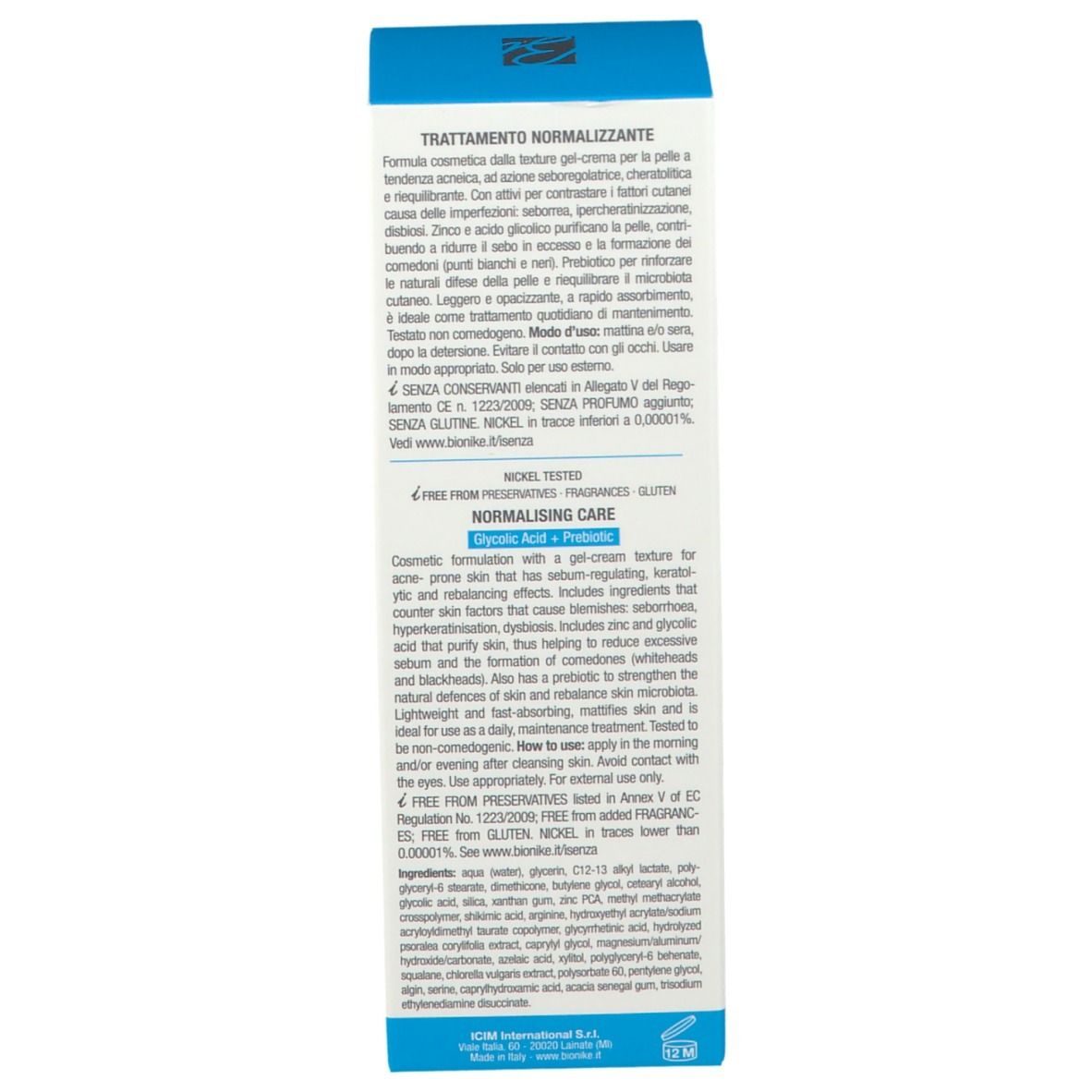 Rückseite der Produktverpackung. Text in mehreren Sprachen. Marke: BioNike. Nickel getestet.