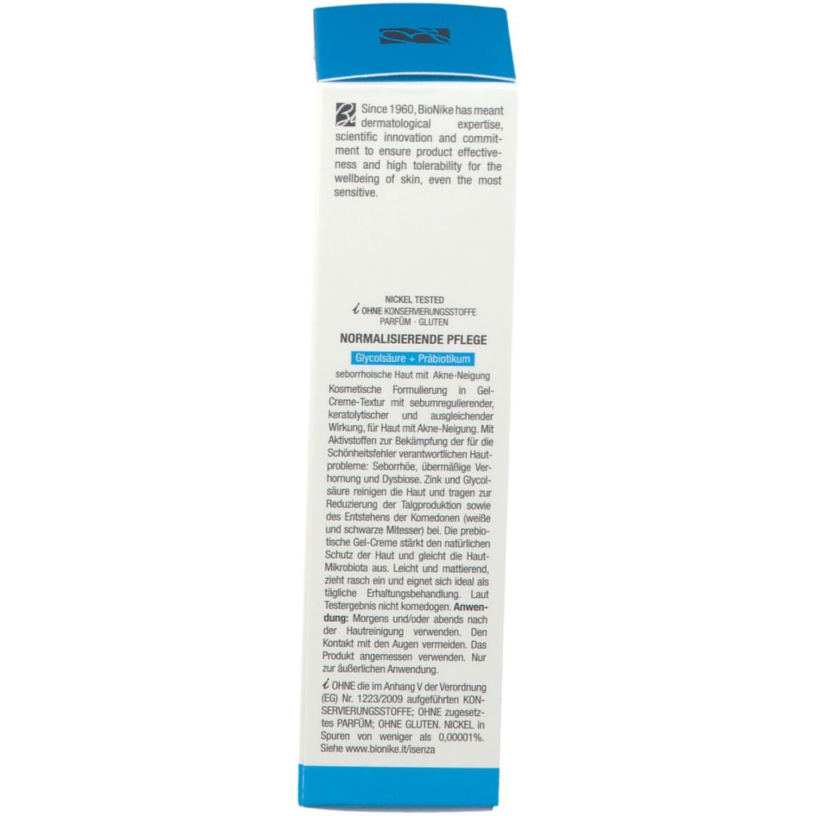 Oberseite der Produktverpackung. Text in mehreren Sprachen. Marke: BioNike. Nickel getestet.