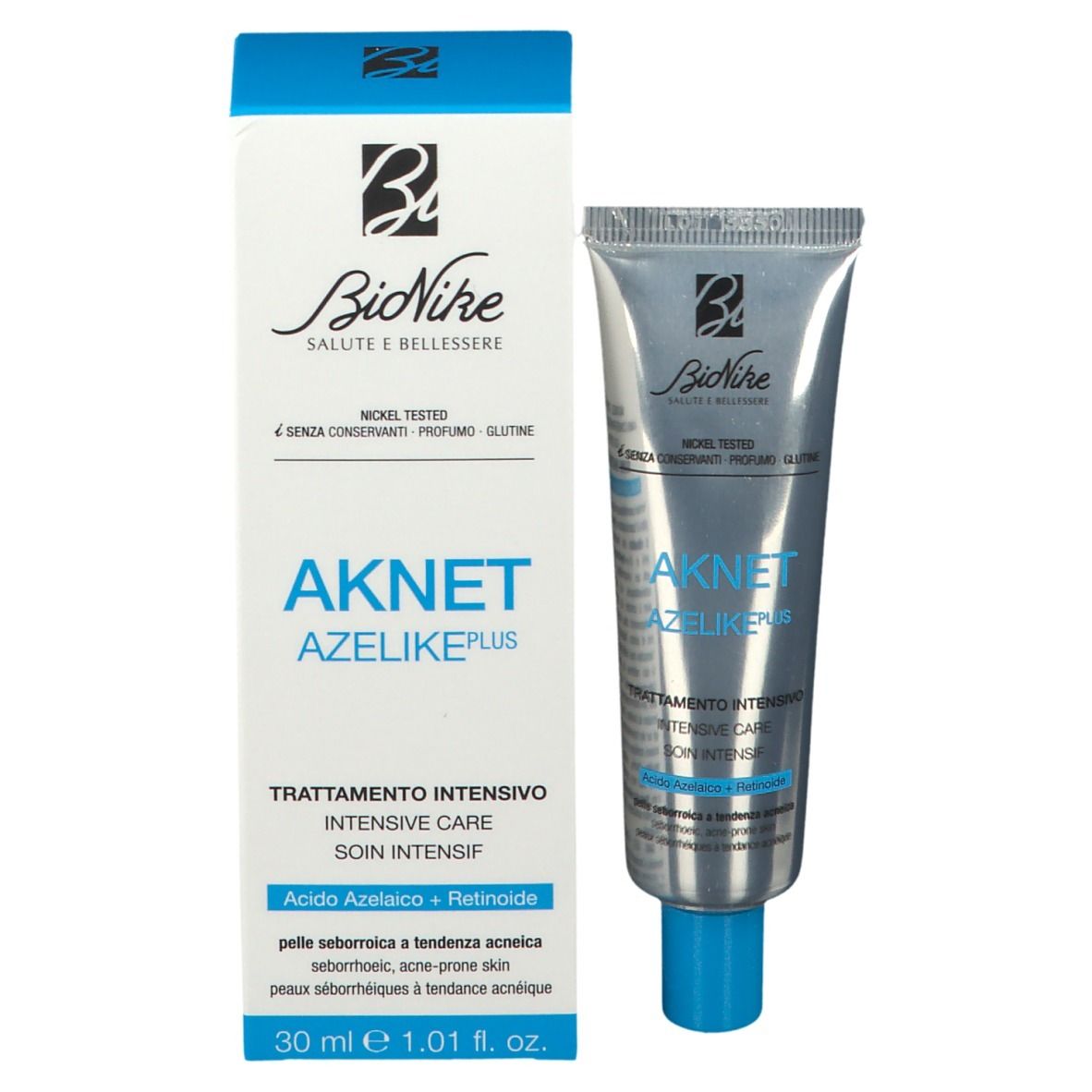 Productverpakking met tube. Witte doos, blauwe accenten. Opschrift: AKNET AZELIKE, Bionike logo.