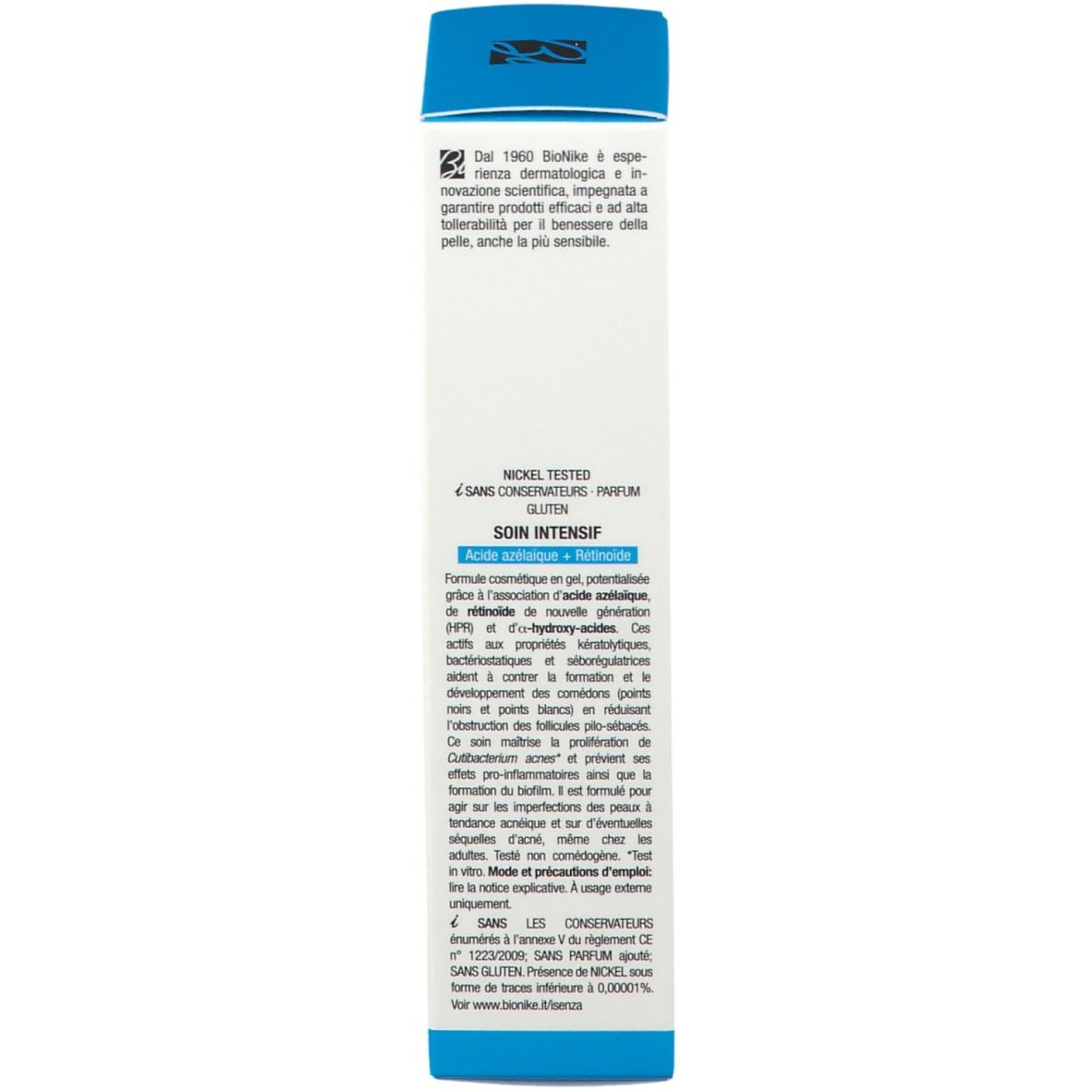 Achterkant van de verpakking. Meertalige tekst. Nickel Tested. Intensive Care. 30 ml.