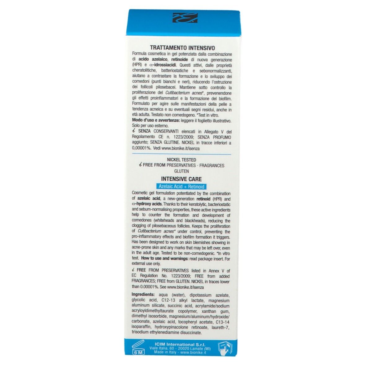 Achterkant van de verpakking. Meertalige tekst. Nickel Tested. Intensive Care. 30 ml.