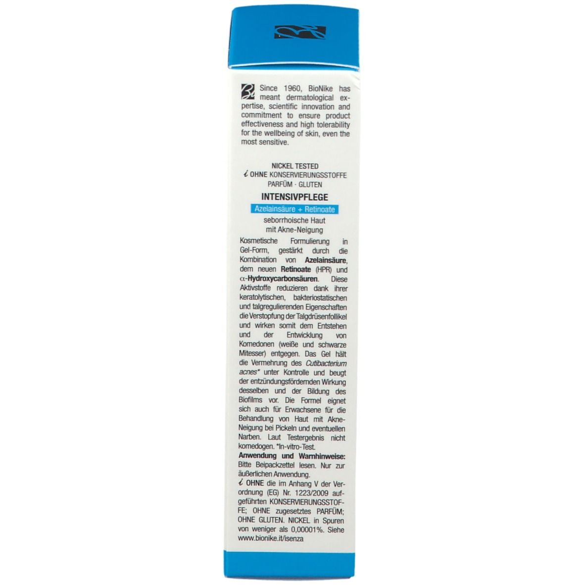 Achterkant van de verpakking. Meertalige tekst. Nickel Tested. Intensive Care. 30 ml.