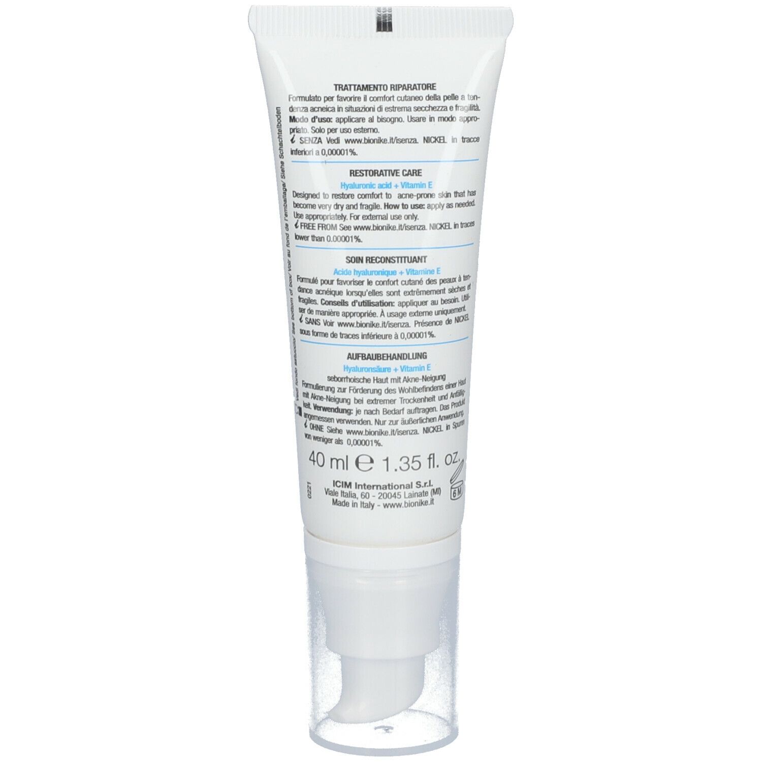 Rückseite der Tube. Text in mehreren Sprachen. Enthält Informationen zu Inhaltsstoffen und Anwendung. 40 ml. Marke: BioNike.