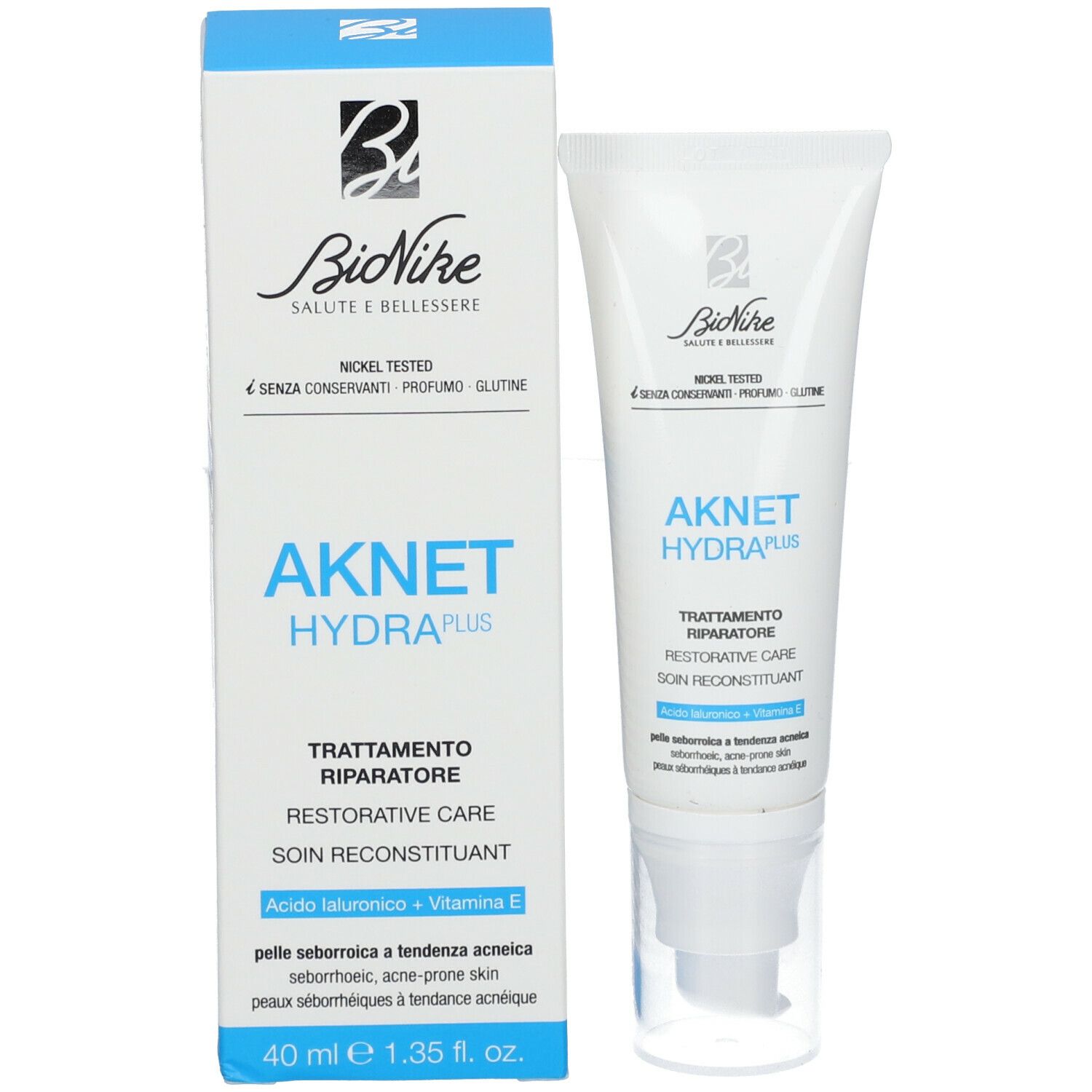 Produktverpackung und Tube. Verpackung: Weiß und blau. Tube: Weiß. Beide mit „AKNET HYDRA plus“ und Marke BioNike. 40 ml.