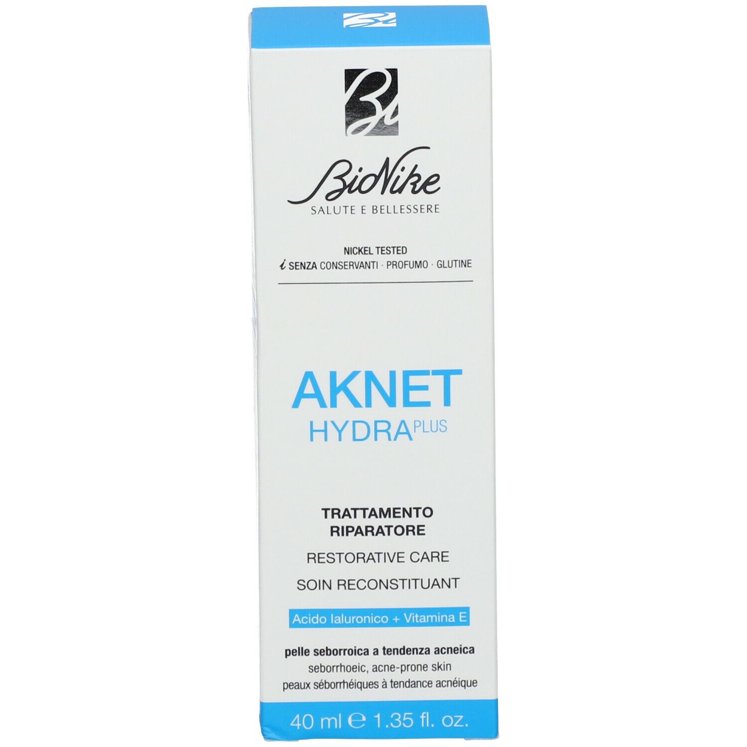 Produktverpackung. Weiß und blau. Enthält „AKNET HYDRA plus“ und Marke BioNike. Text: „Trattamento Riparatore“. 40 ml.