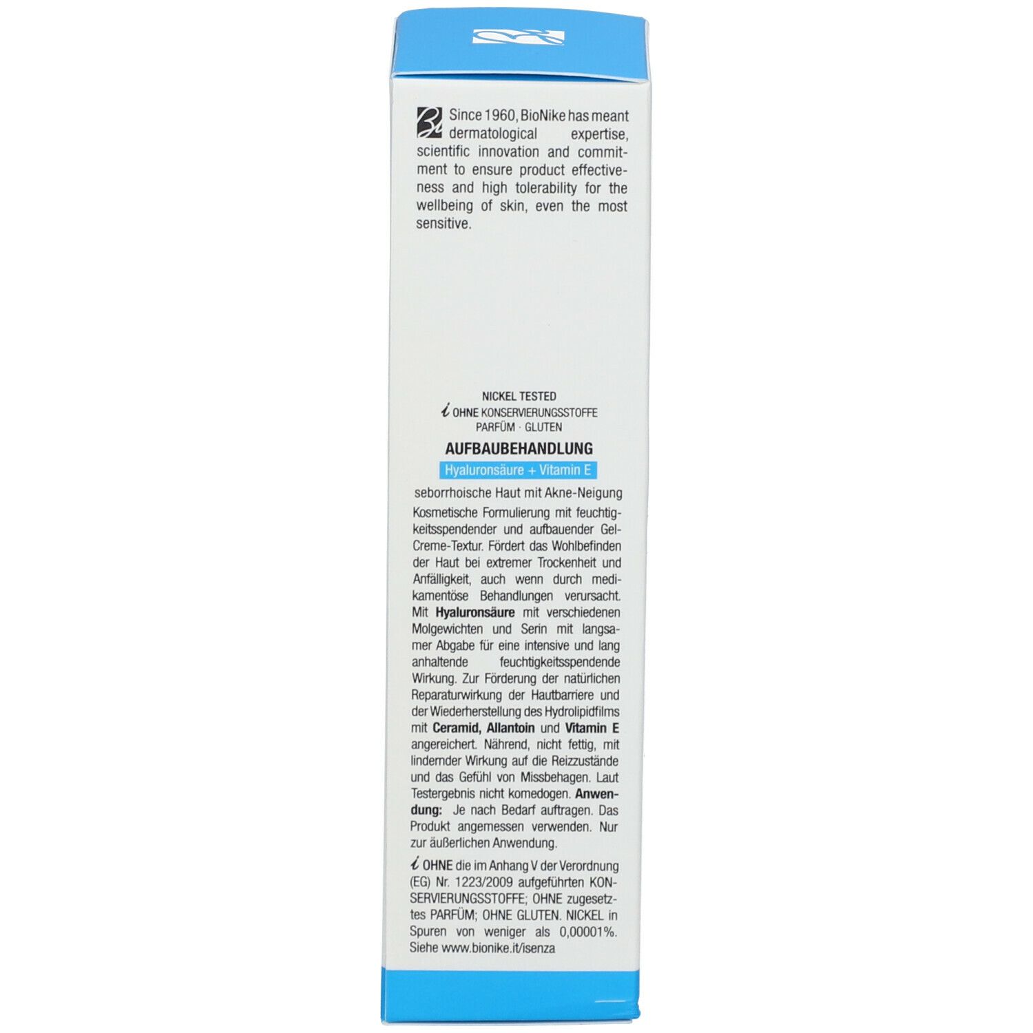 Rückseite der Produktverpackung. Text in mehreren Sprachen. Enthält Informationen zu Inhaltsstoffen und Anwendung. Marke: BioNike.