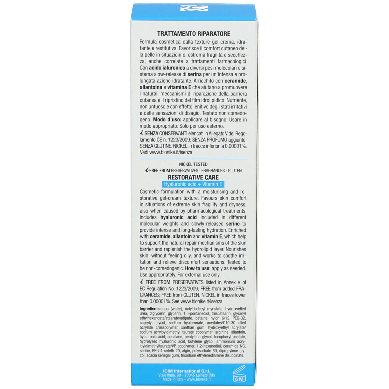 Seite der Produktverpackung. Text in mehreren Sprachen. Enthält Informationen zu Inhaltsstoffen und Anwendung. Marke: BioNike.