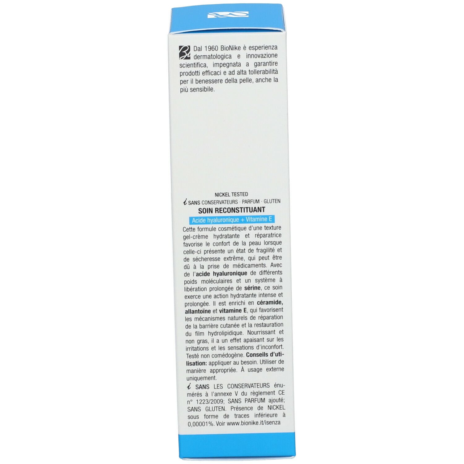 Seite der Produktverpackung. Text in mehreren Sprachen. Enthält Informationen zu Inhaltsstoffen und Anwendung. Marke: BioNike.