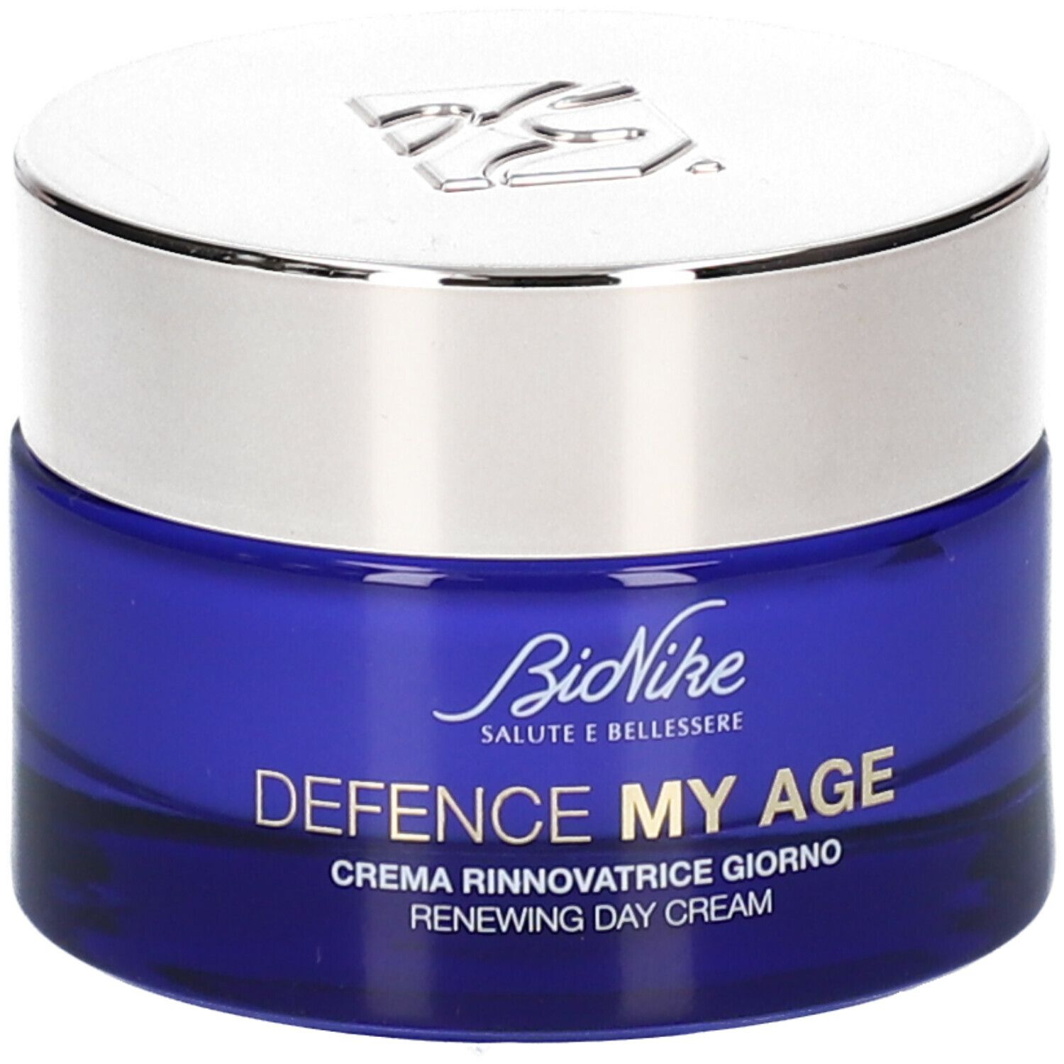 Blaues Cremetiegel mit silbernem Deckel. Aufschrift: DEFENCE MY AGE, CREMA RINNOVATRICE GIORNO, RENEWING DAY CREAM. Marke: BioNike.