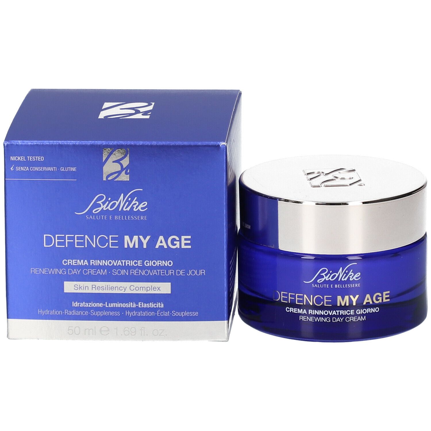Blaues Cremetiegel und Schachtel. Aufschrift: DEFENCE MY AGE, CREMA RINNOVATRICE GIORNO, RENEWING DAY CREAM. Marke: BioNike. 60 ml.