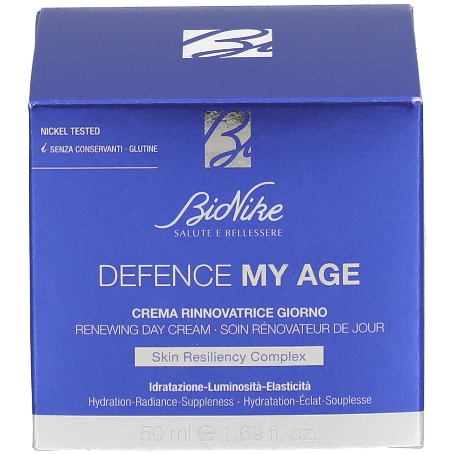 Blaue Schachtel. Aufschrift: DEFENCE MY AGE, CREMA RINNOVATRICE GIORNO, RENEWING DAY CREAM. Marke: BioNike. 50 ml.