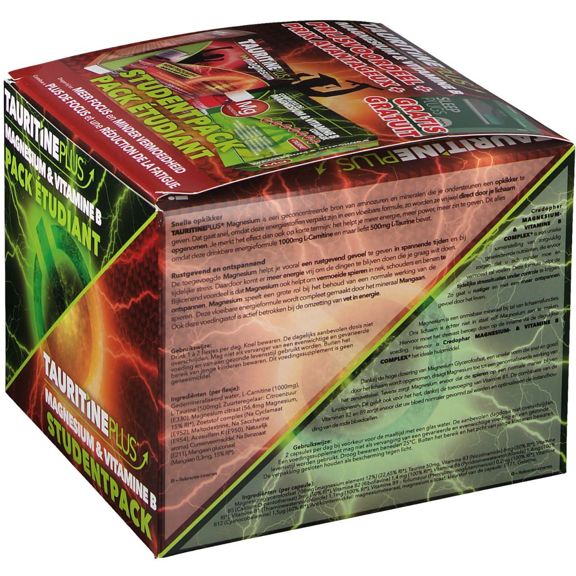 Dos de la boîte de TAURITINE PLUS® Magnesium & Vitamine B. Texte en allemand, français et néerlandais. Contient des informations sur le produit.
