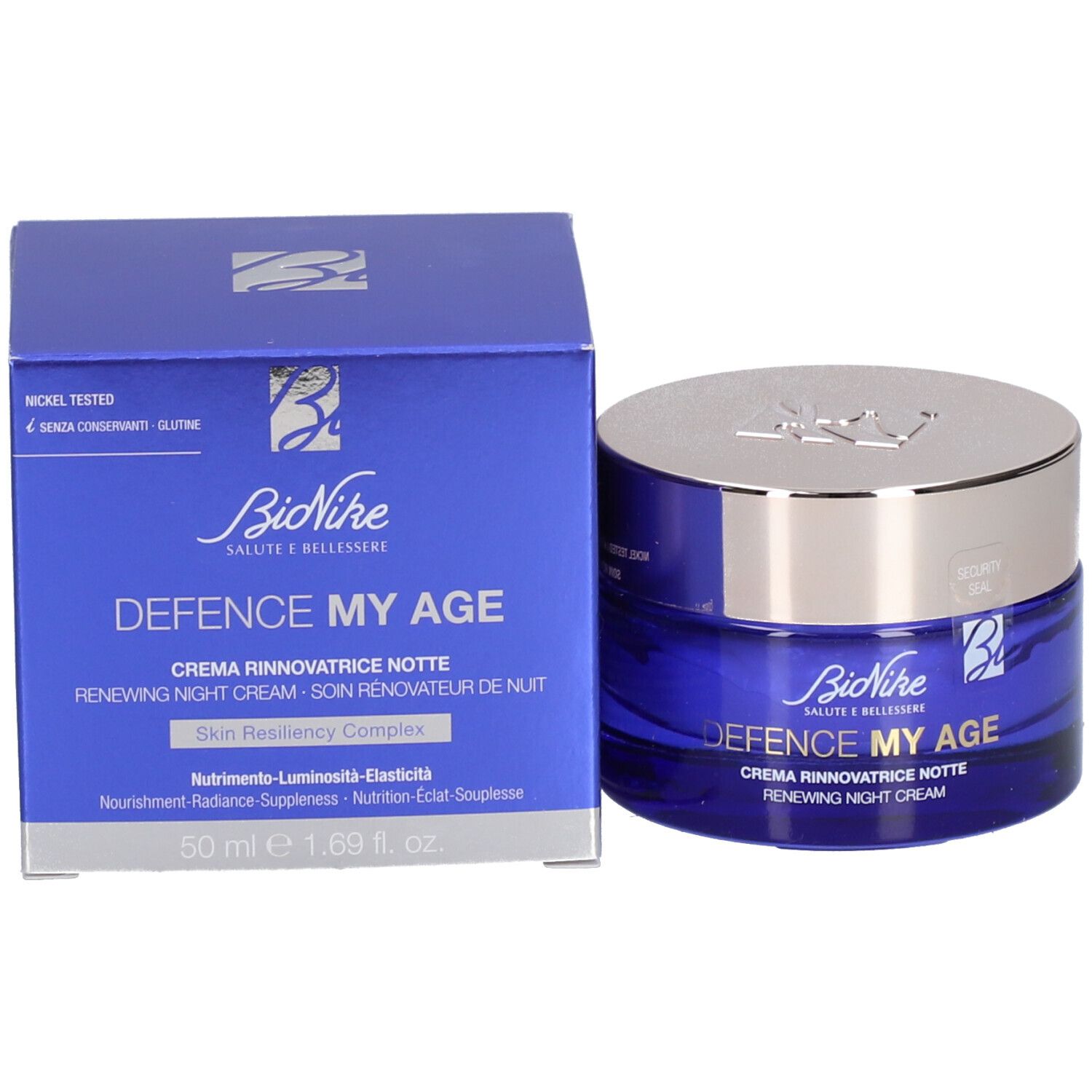 Blauwe crèmepot en doos. Opschrift: BioNike, DEFENCE MY AGE, Creme Rinnovatrice Notte, Renewing Night Cream. 50 ml, 1.69 fl. oz.