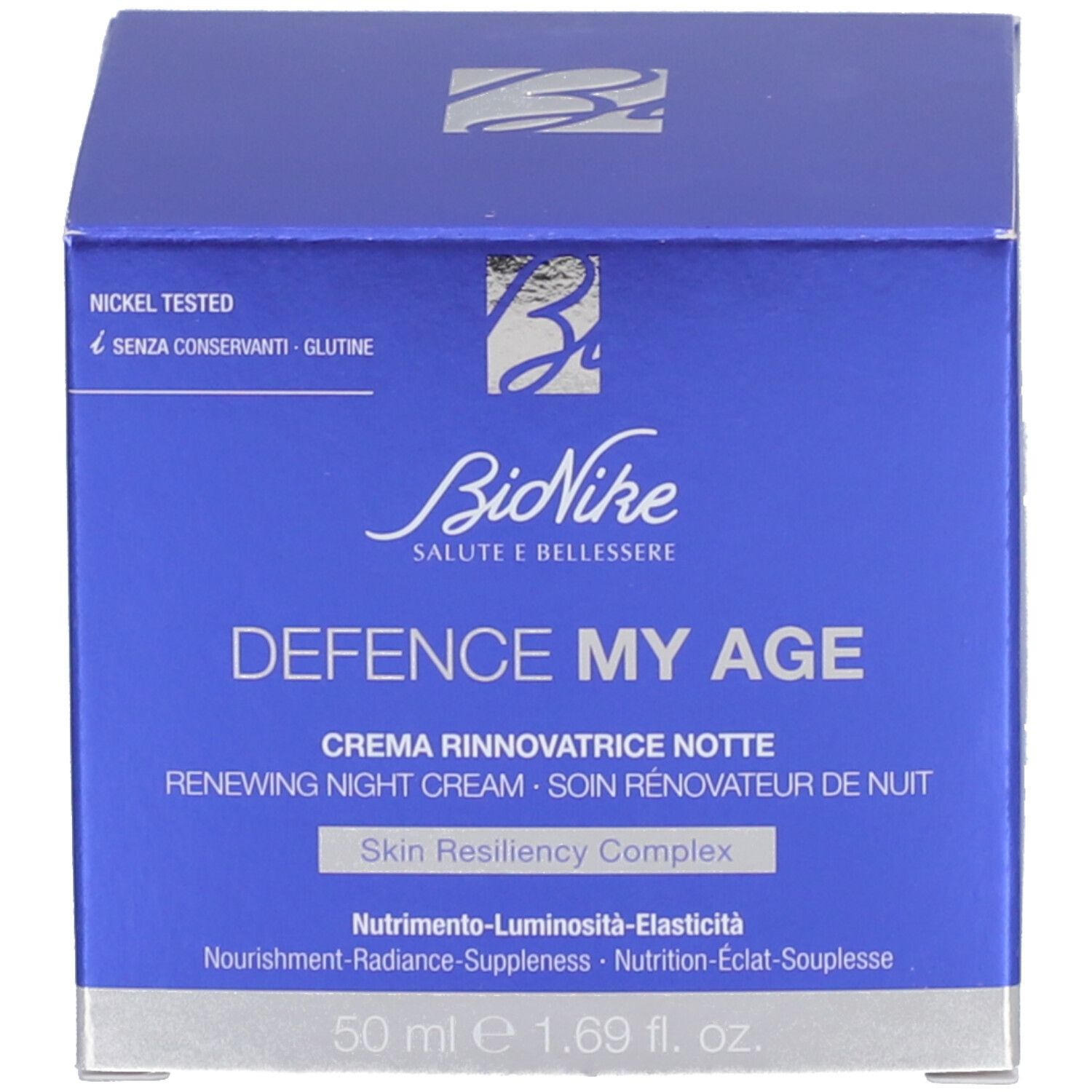 Blauwe doos. Opschrift: BioNike, DEFENCE MY AGE, Creme Rinnovatrice Notte, Renewing Night Cream. 50 ml, 1.69 fl. oz.