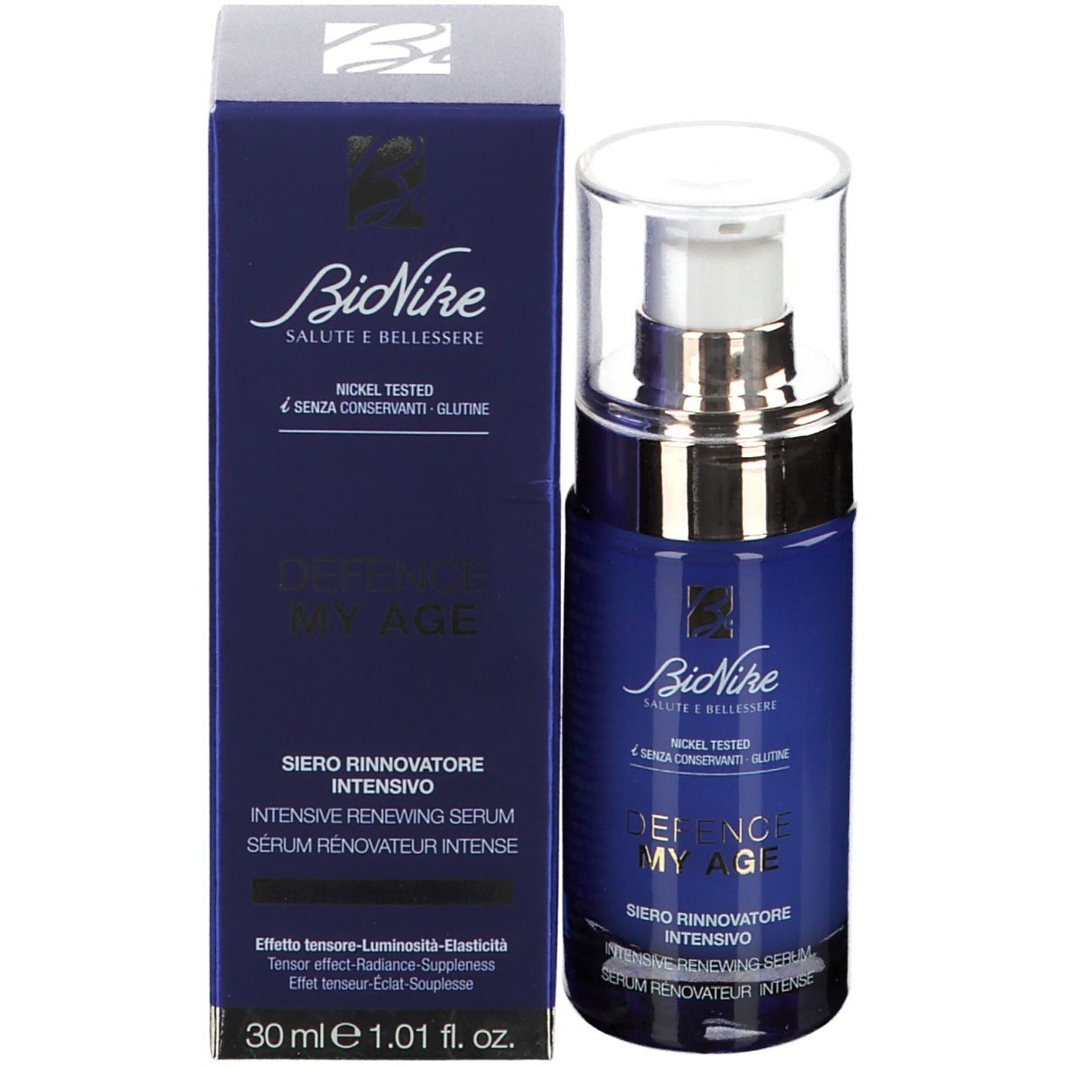 Serumfles en doos. Opschrift: BioNike, DEFENCE MY AGE INTENSE. 30 ml.