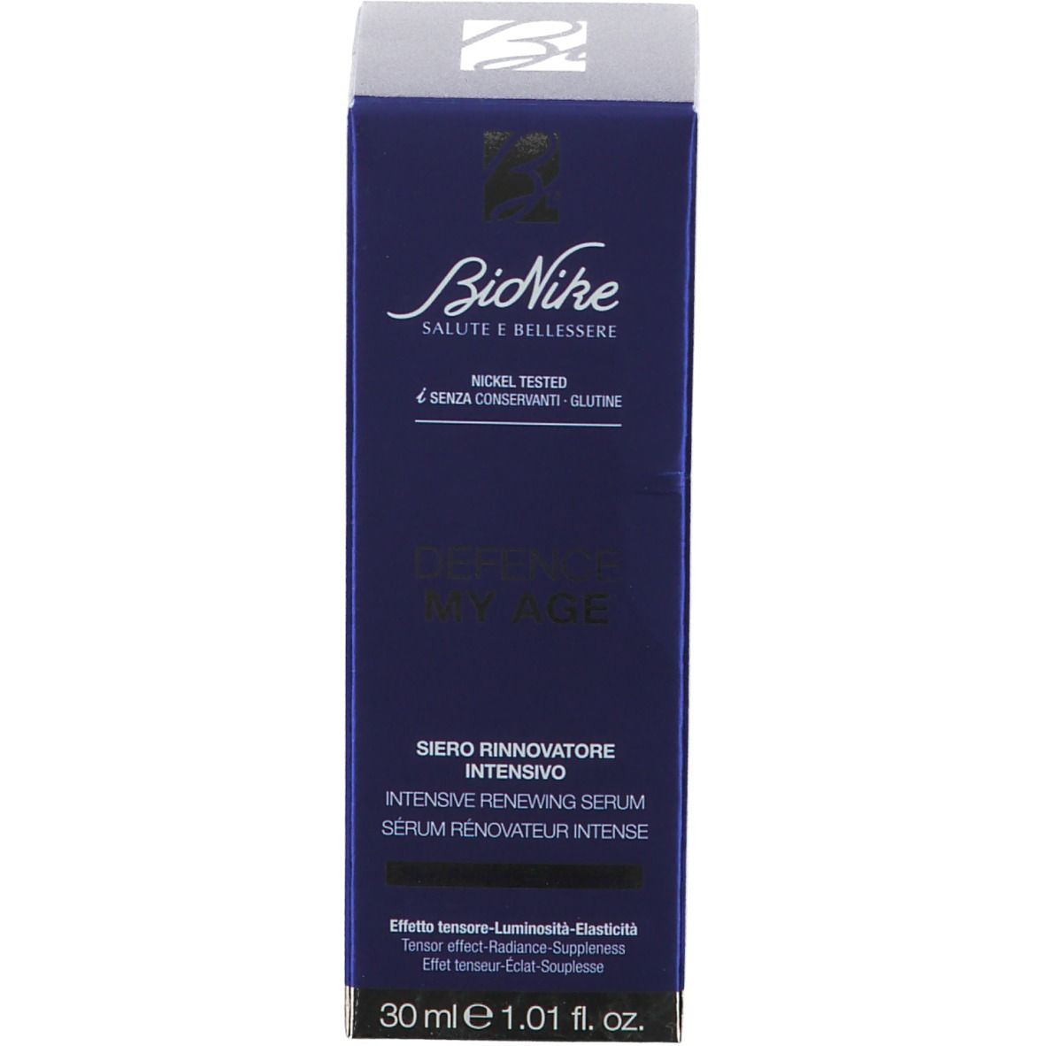 Productverpakking. Opschrift: BioNike, DEFENCE MY AGE INTENSE. 30 ml.