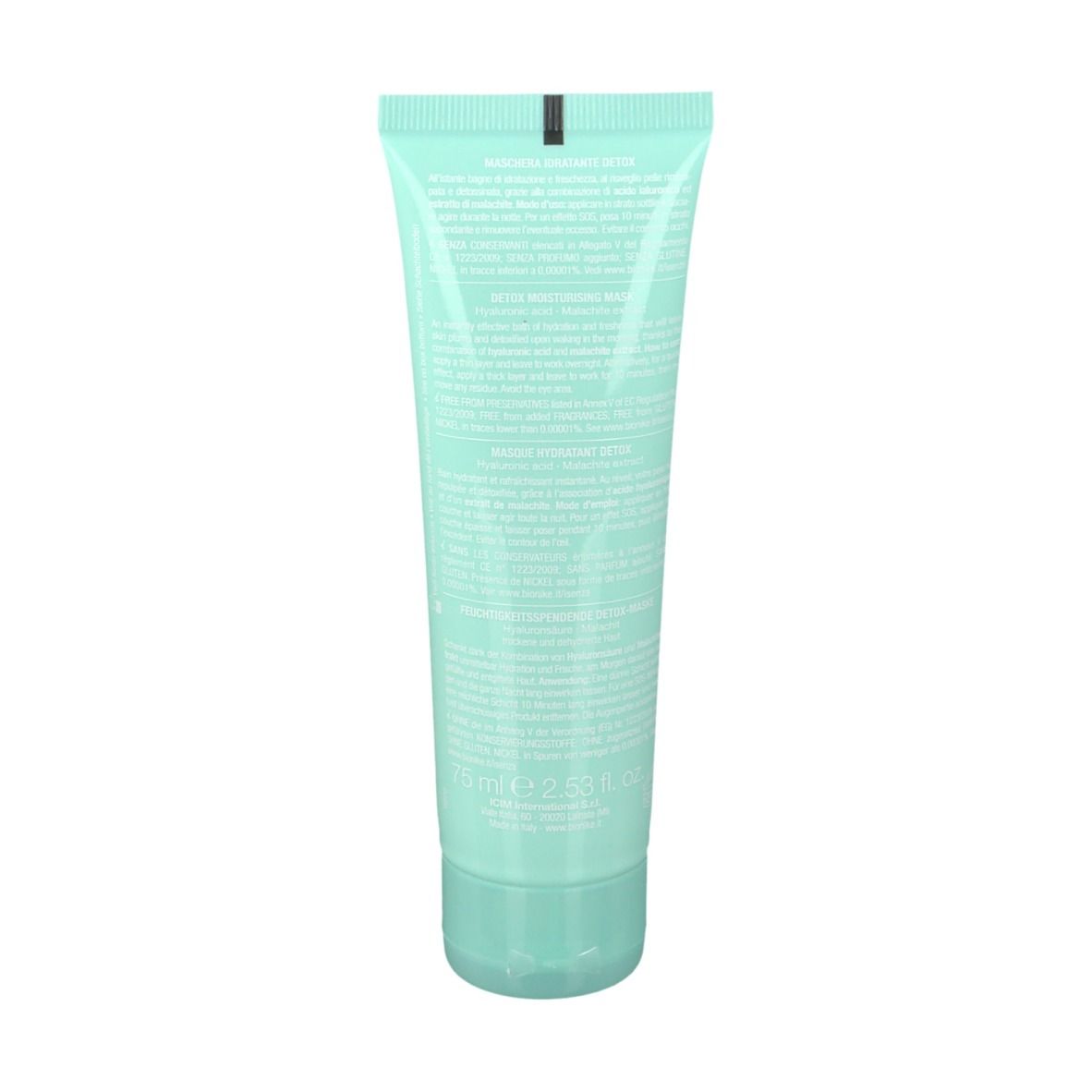Turquoise tube met witte tekst. Productinformatie op de achterkant. Opschrift: "BioNike".