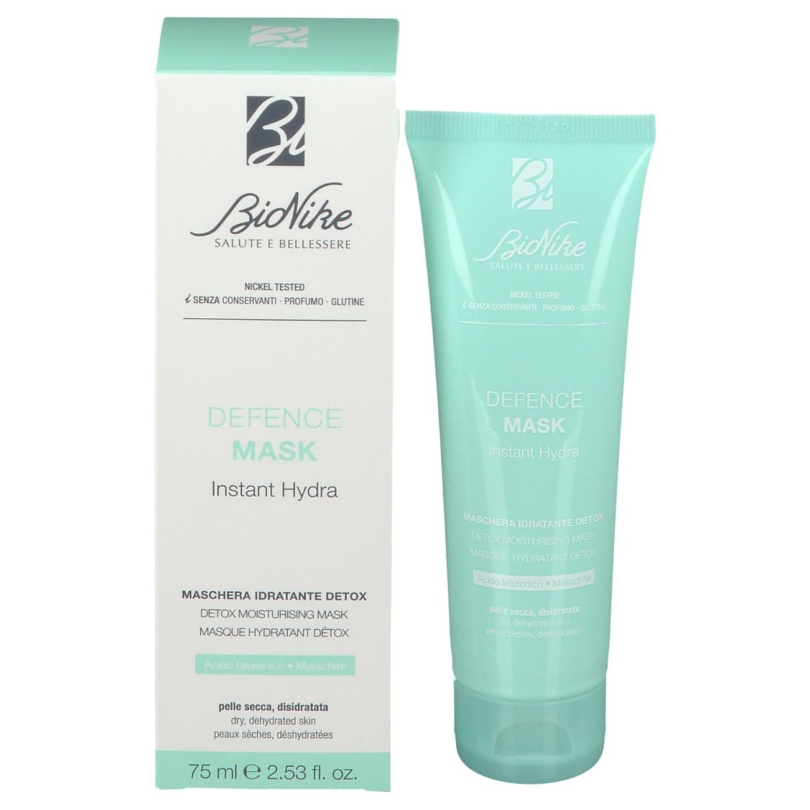 Productverpakking met tube en doos. Tube: turquoise, tekst. Doos: wit, turquoise, tekst. Merk: BioNike.