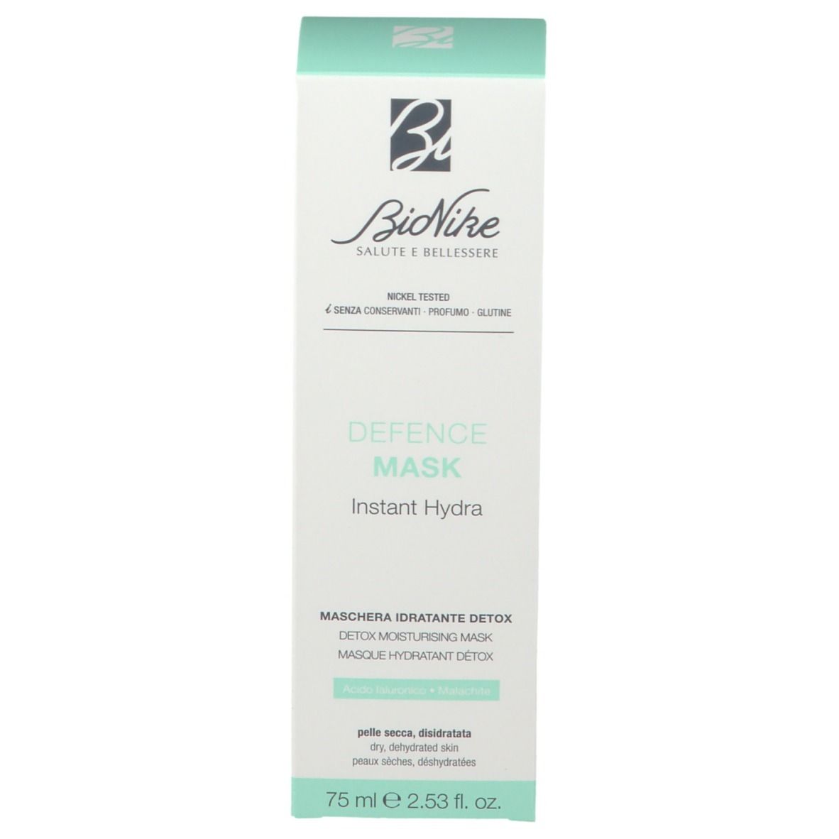Doos, wit met turquoise accenten. Opschrift: DEFENCE MASK Instant Hydra. Merk: BioNike. Tekst: Detox Moisturising Mask.
