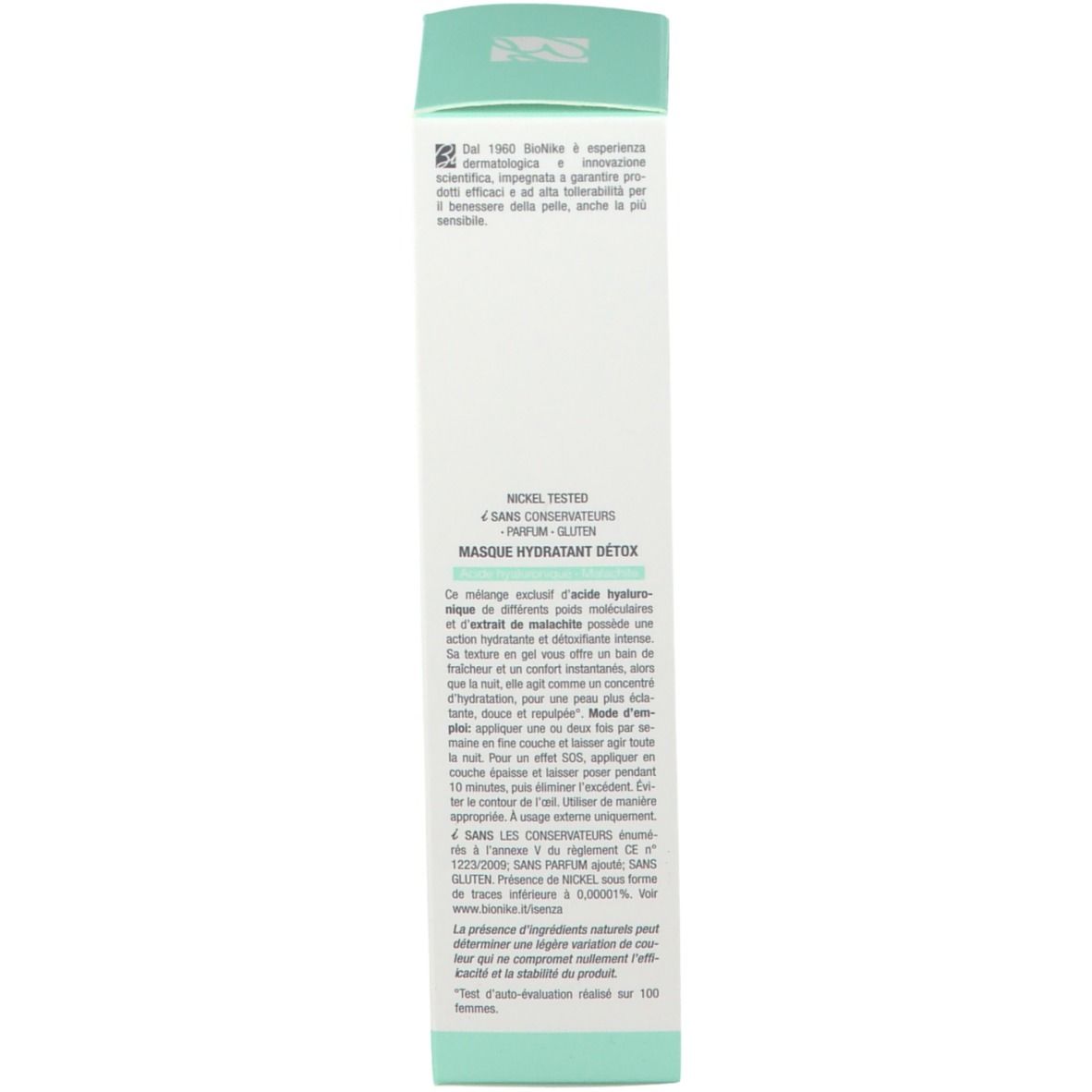 Doos, wit met turquoise accenten. Tekst en logo van BioNike. Productinformatie en ingrediënten.