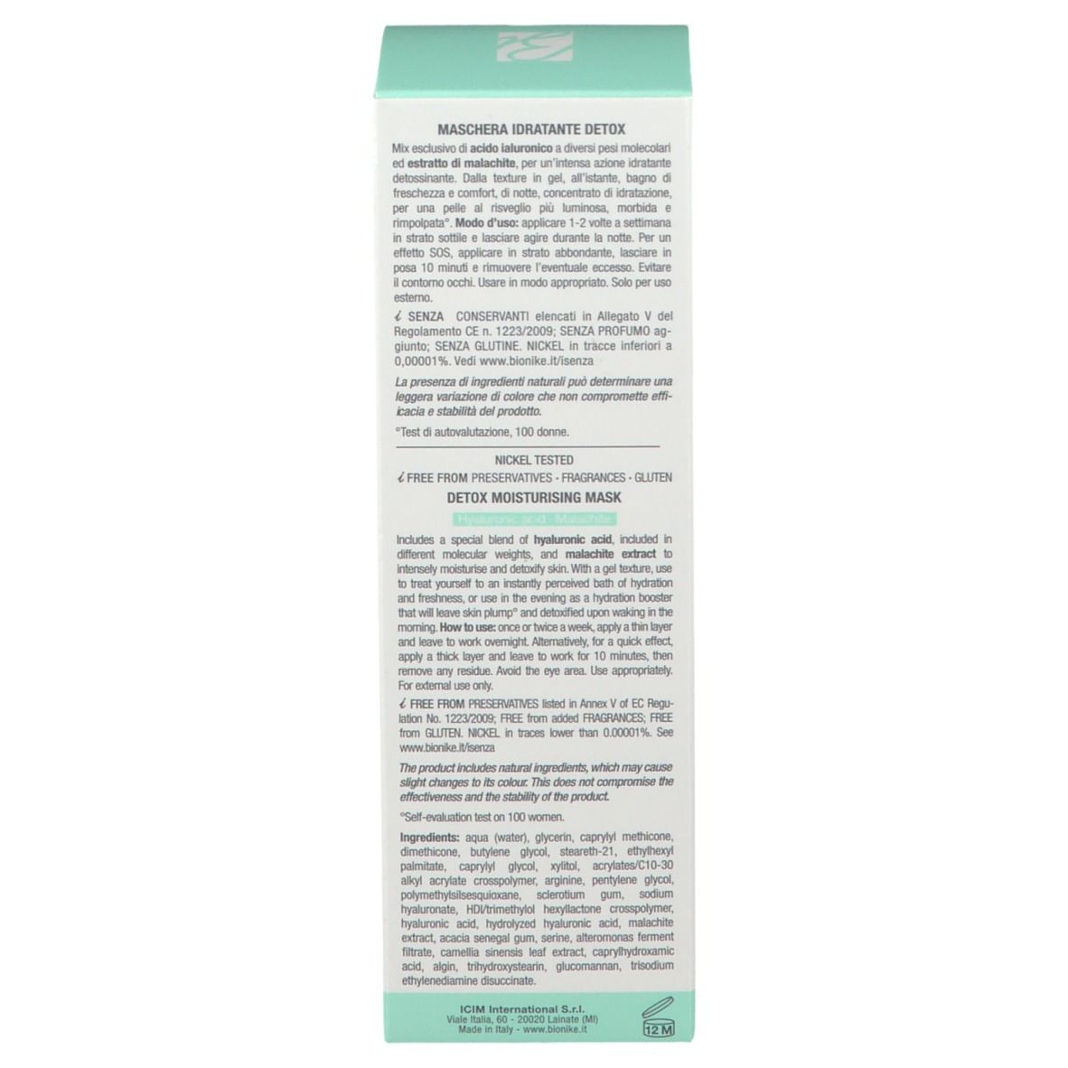 Doos, wit met turquoise accenten. Tekst en logo van BioNike. Productinformatie en ingrediënten.