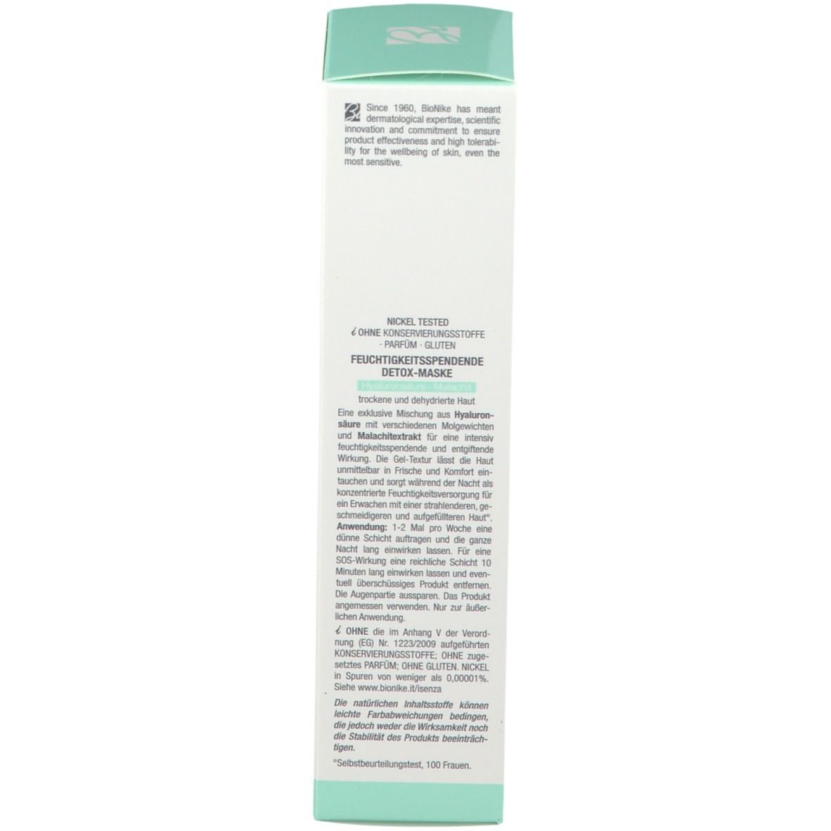 Doos, wit met turquoise accenten. Tekst en logo van BioNike. Productinformatie en ingrediënten.