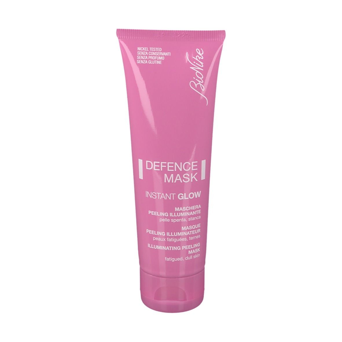 Tube rose avec "BioNike DEFENCE MASK INSTANT GLOW". Masque peeling.