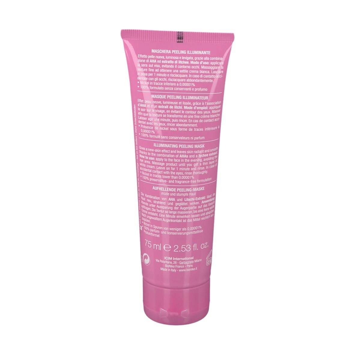 Dos d'un tube rose avec texte. "75 ml e 2.53 fl. oz." et informations.