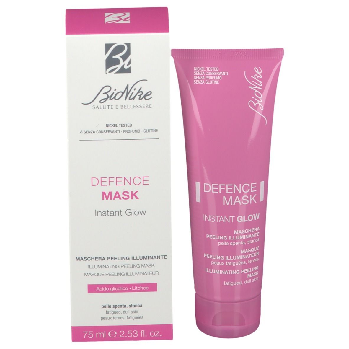 Emballage produit avec tube. "BioNike DEFENCE MASK INSTANT GLOW" et texte.