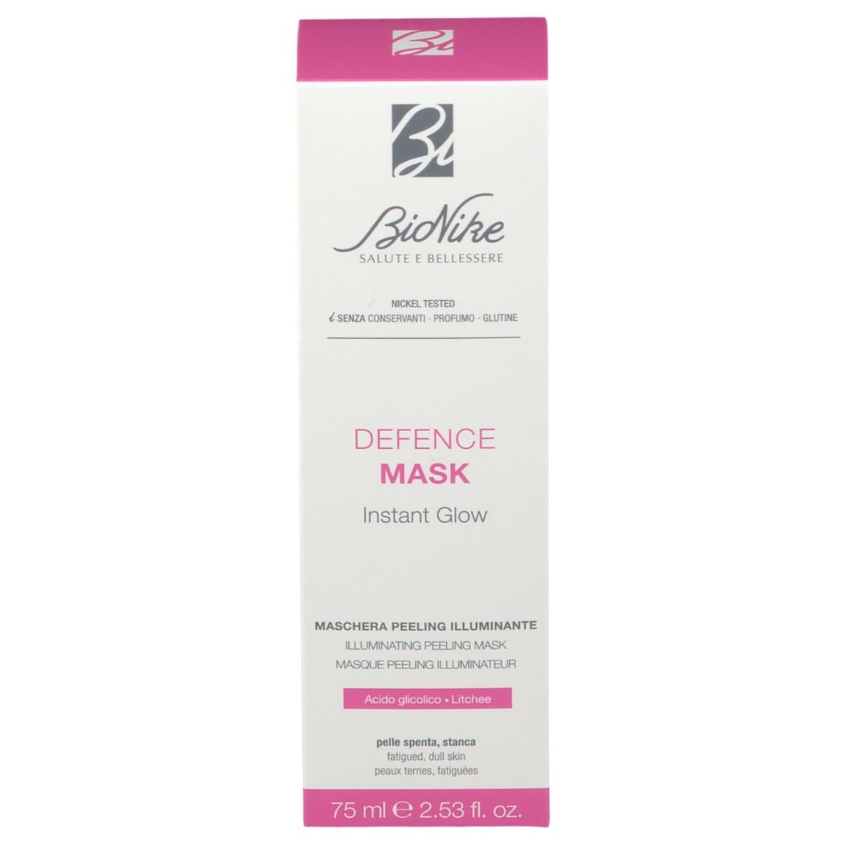 Emballage produit avec "BioNike DEFENCE MASK INSTANT GLOW". Texte.