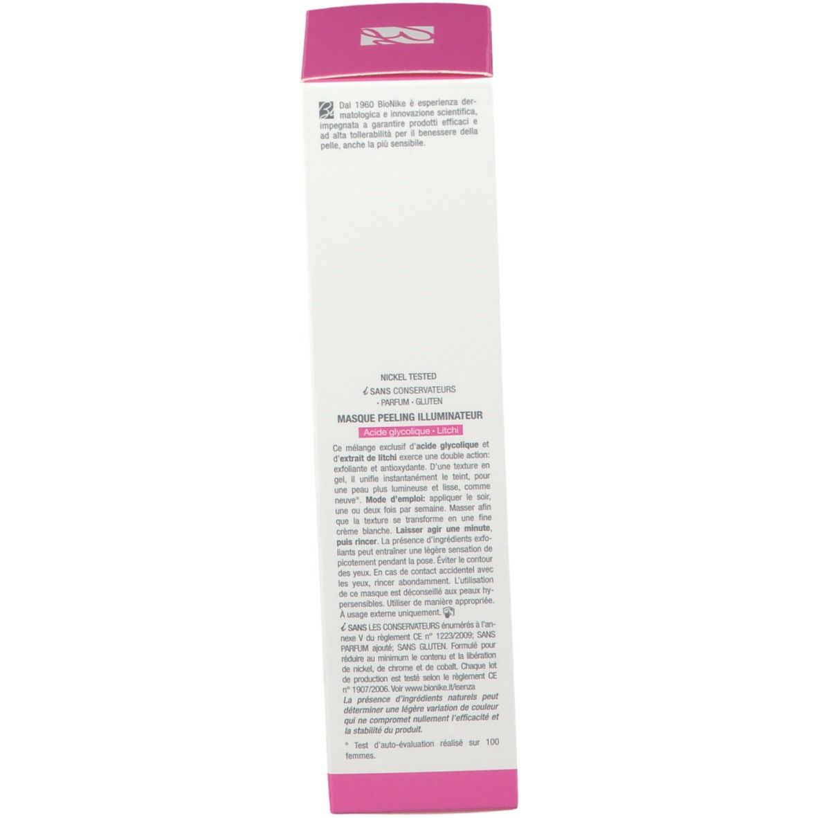 Emballage produit avec texte. "BioNike" et "DEFENCE MASK".