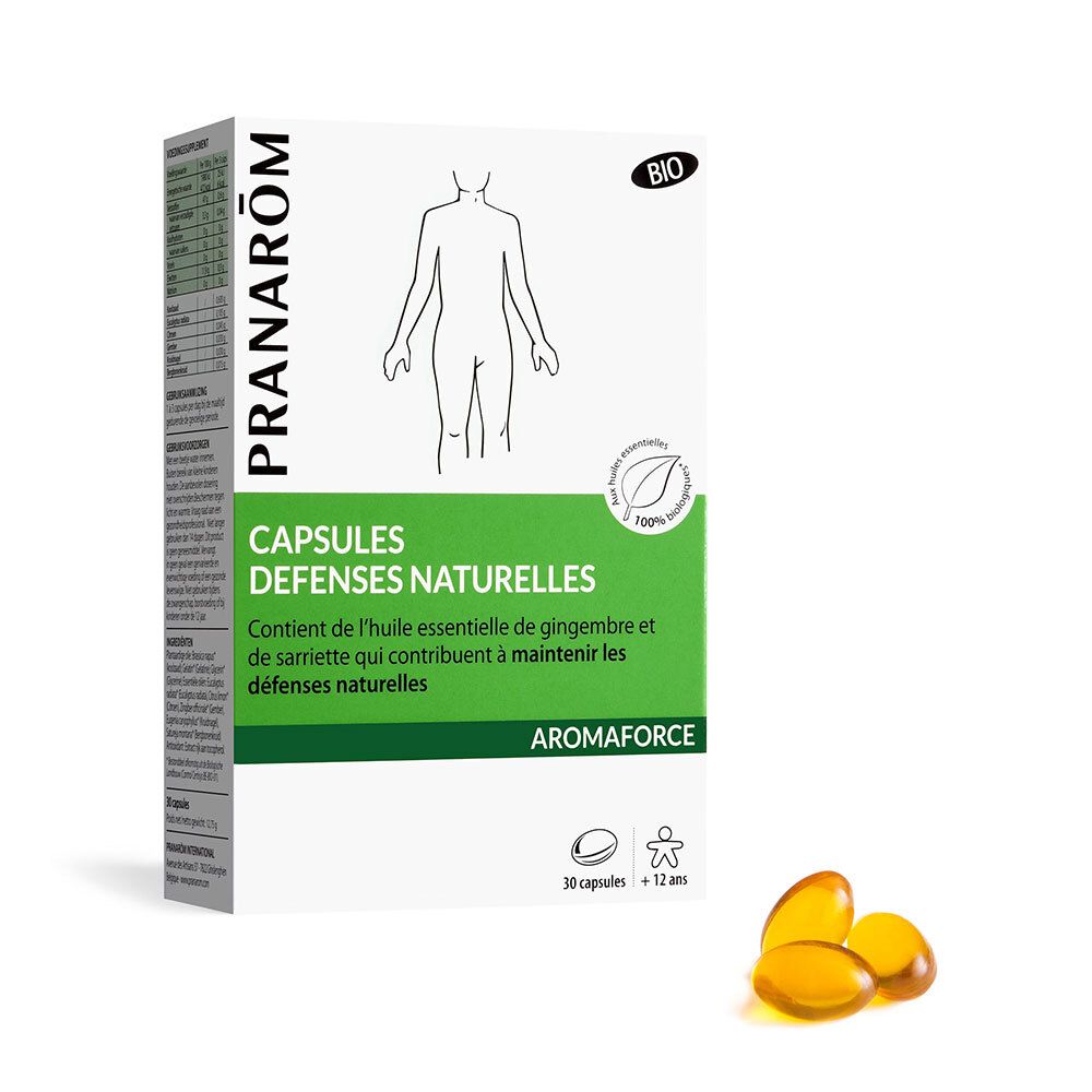 Boîte de capsules avec nom et logo du produit. Quelques capsules sont à côté. Inscription: Capsules Défenses Naturelles.