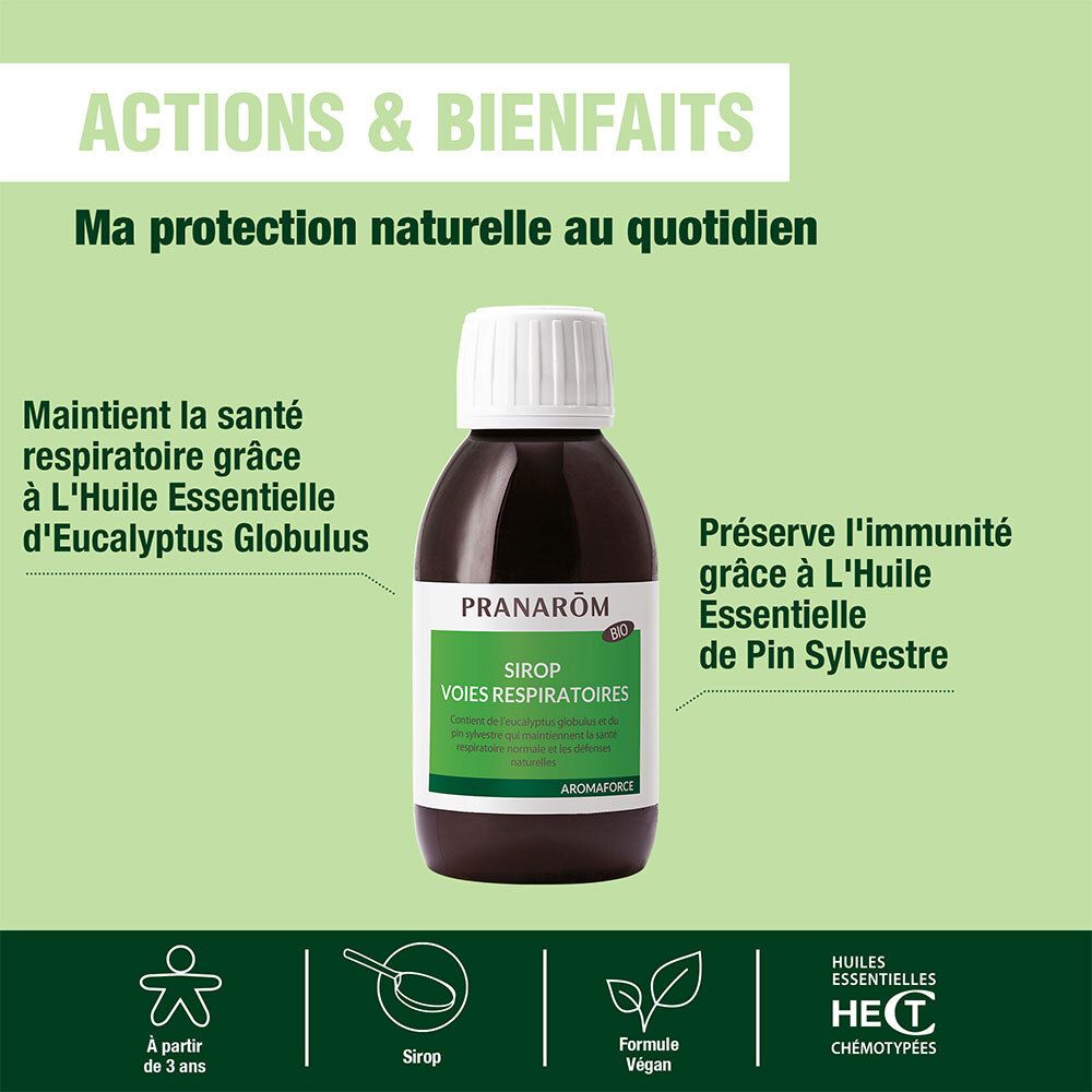 Flacon avec étiquette verte. Texte : Pranarôm, Sirop Voies Respiratoires. Bénéfices : voies respiratoires, immunité.