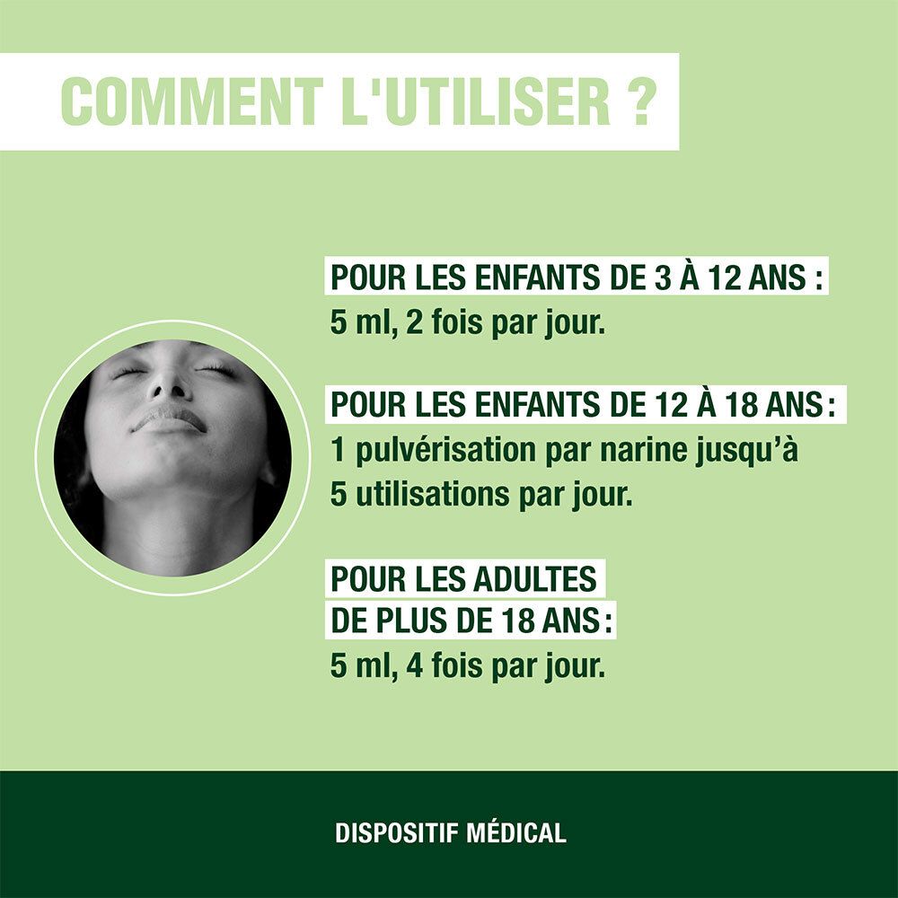 Infographie : posologie enfants et adultes. Enfants : 5 ml, 2x/jour. Adultes : 5 ml, 4x/jour.