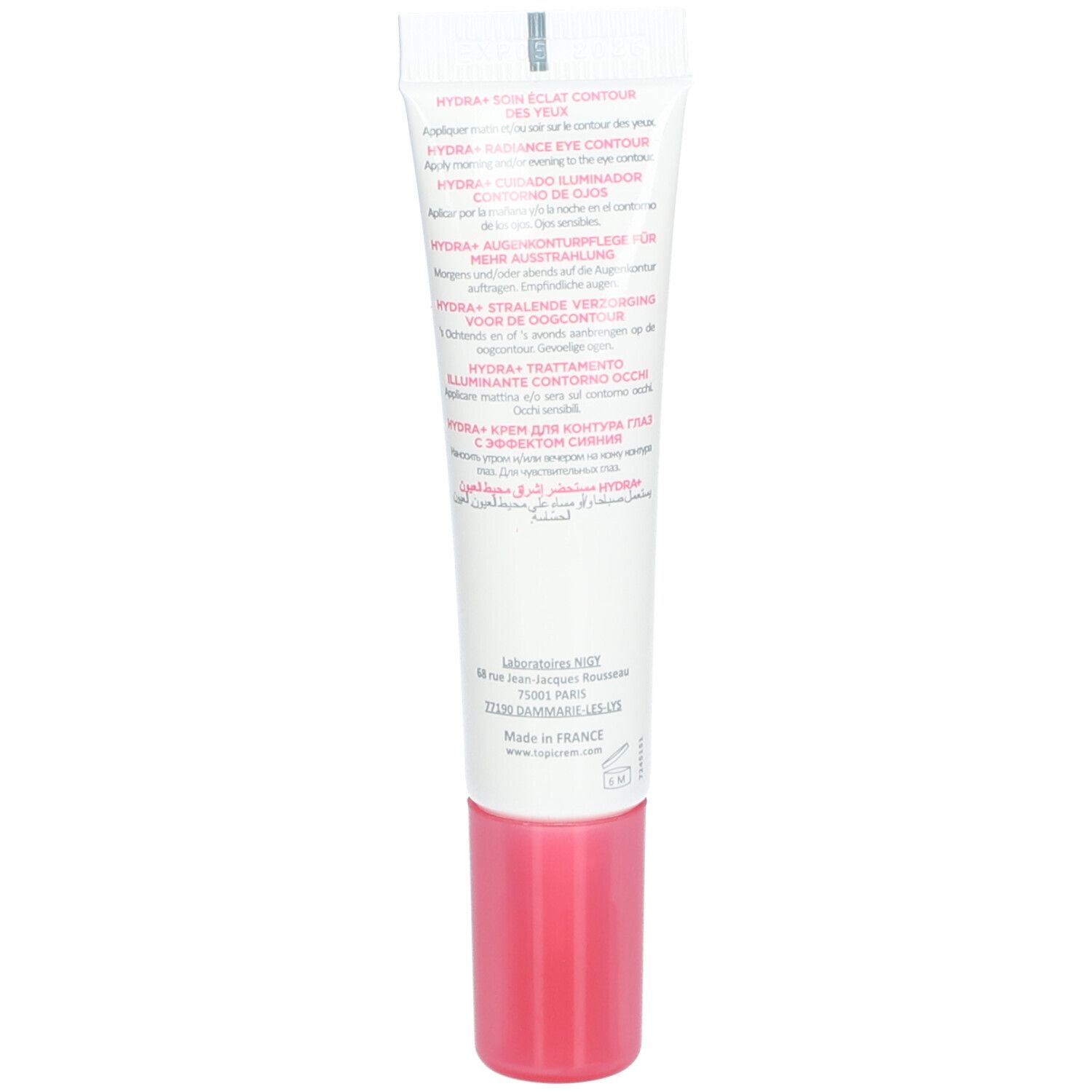 Dos du tube Topicrem Hydra+ Radiance Contour des Yeux. Texte multilingue. Bouchon rose.