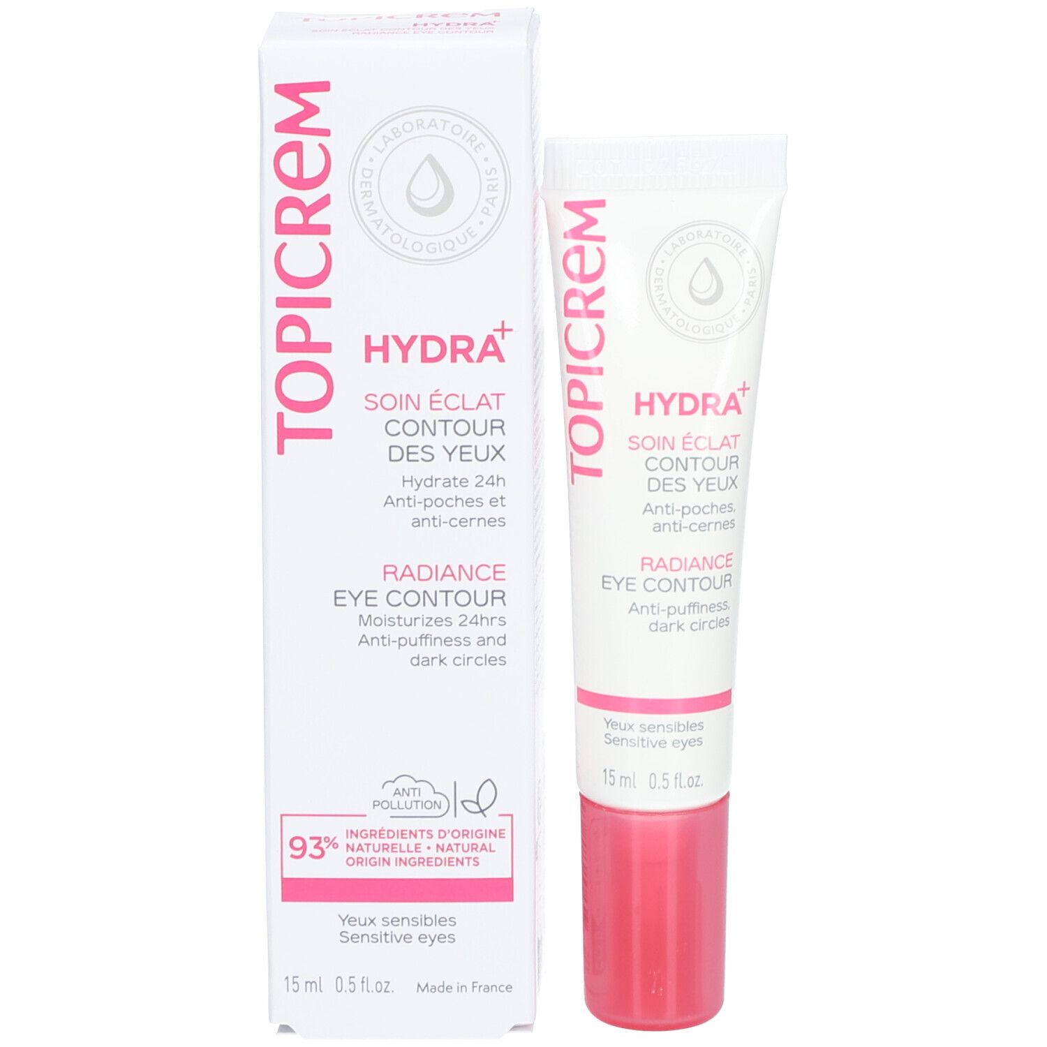 Tube et emballage Topicrem Hydra+ Radiance Contour des Yeux. Blanc, rose. Texte: Hydra+, soin contour des yeux.