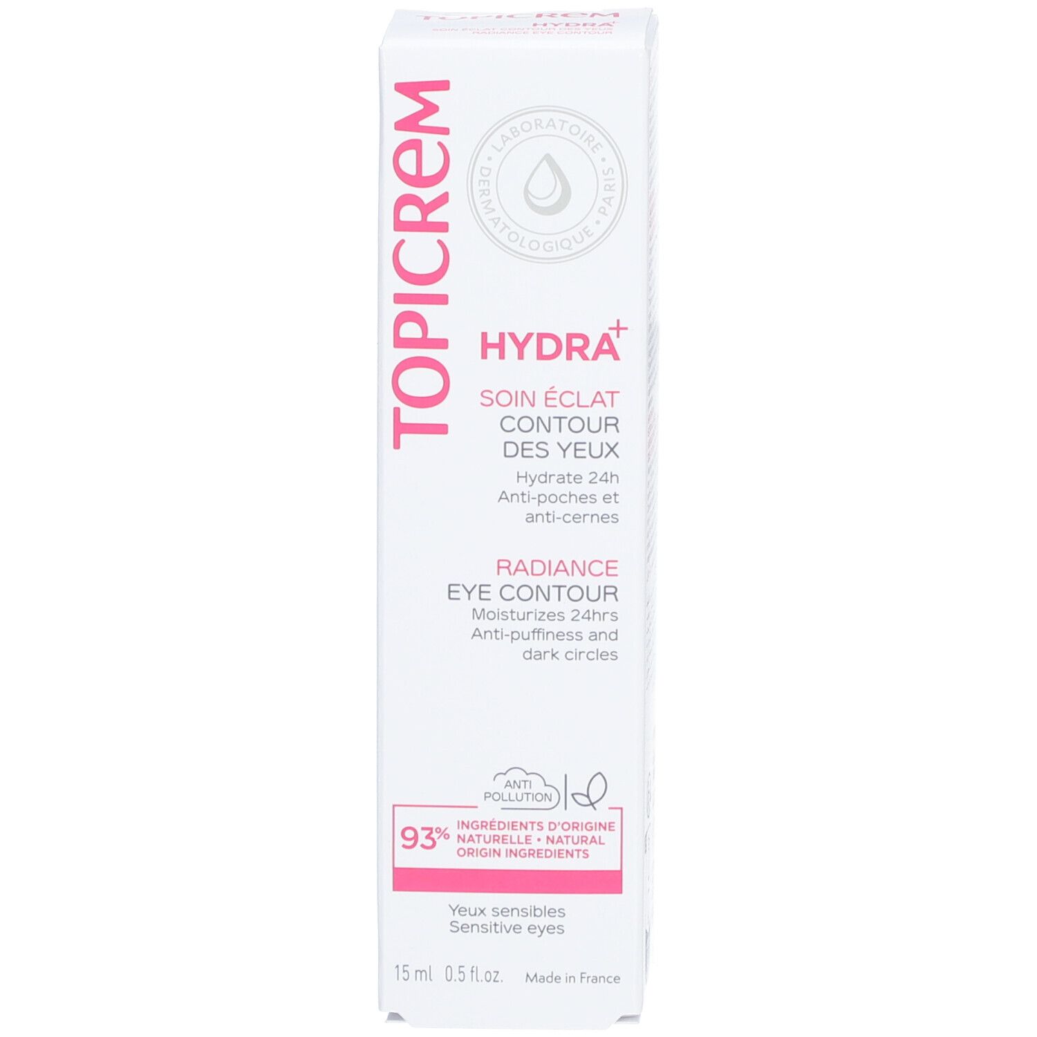 Emballage Topicrem Hydra+ Radiance Contour des Yeux. Blanc, rose. Texte: Hydra+, soin contour des yeux.