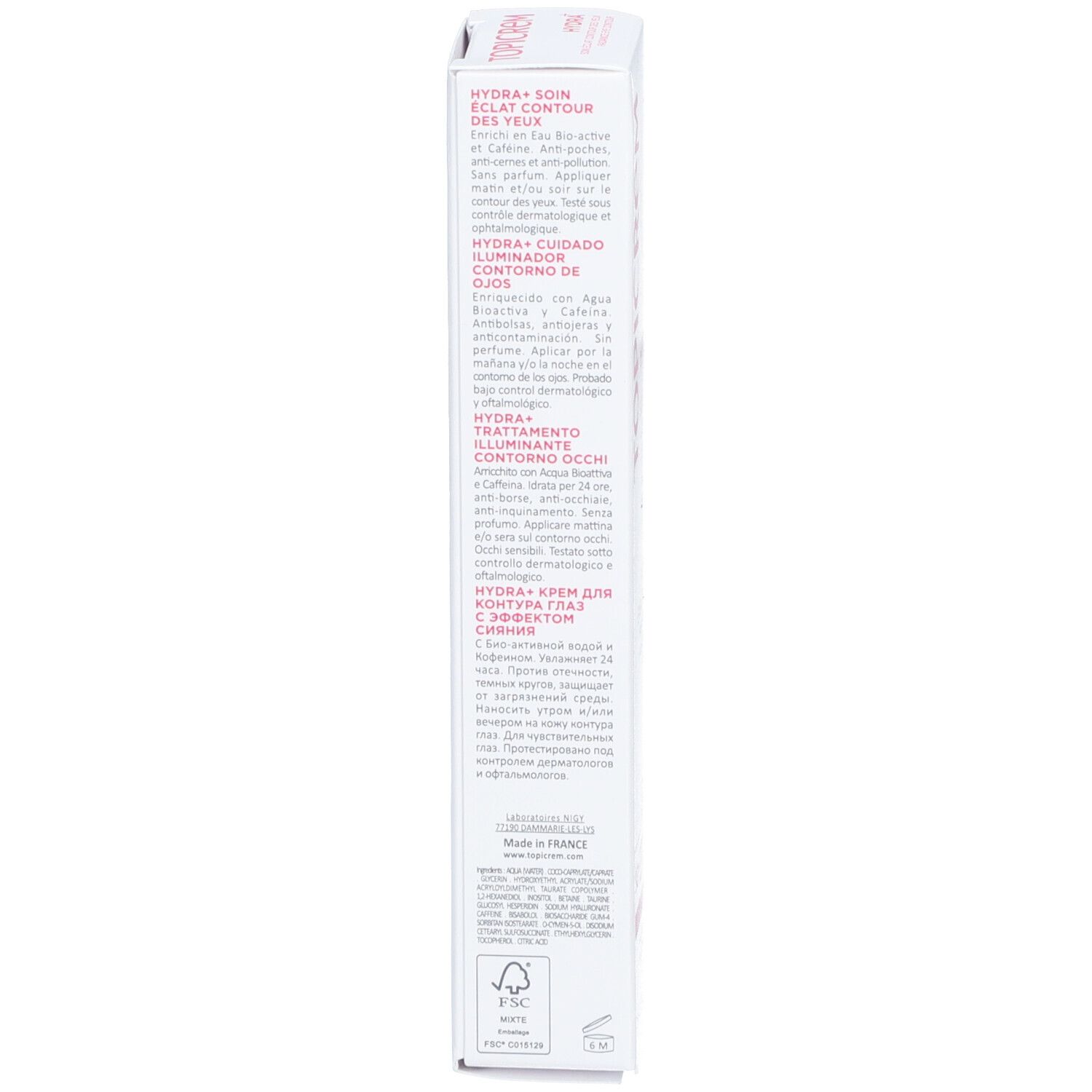 Côté de l'emballage Topicrem Hydra+ Radiance Contour des Yeux. Blanc, rose. Texte: Hydra+, soin contour des yeux, ingrédients.