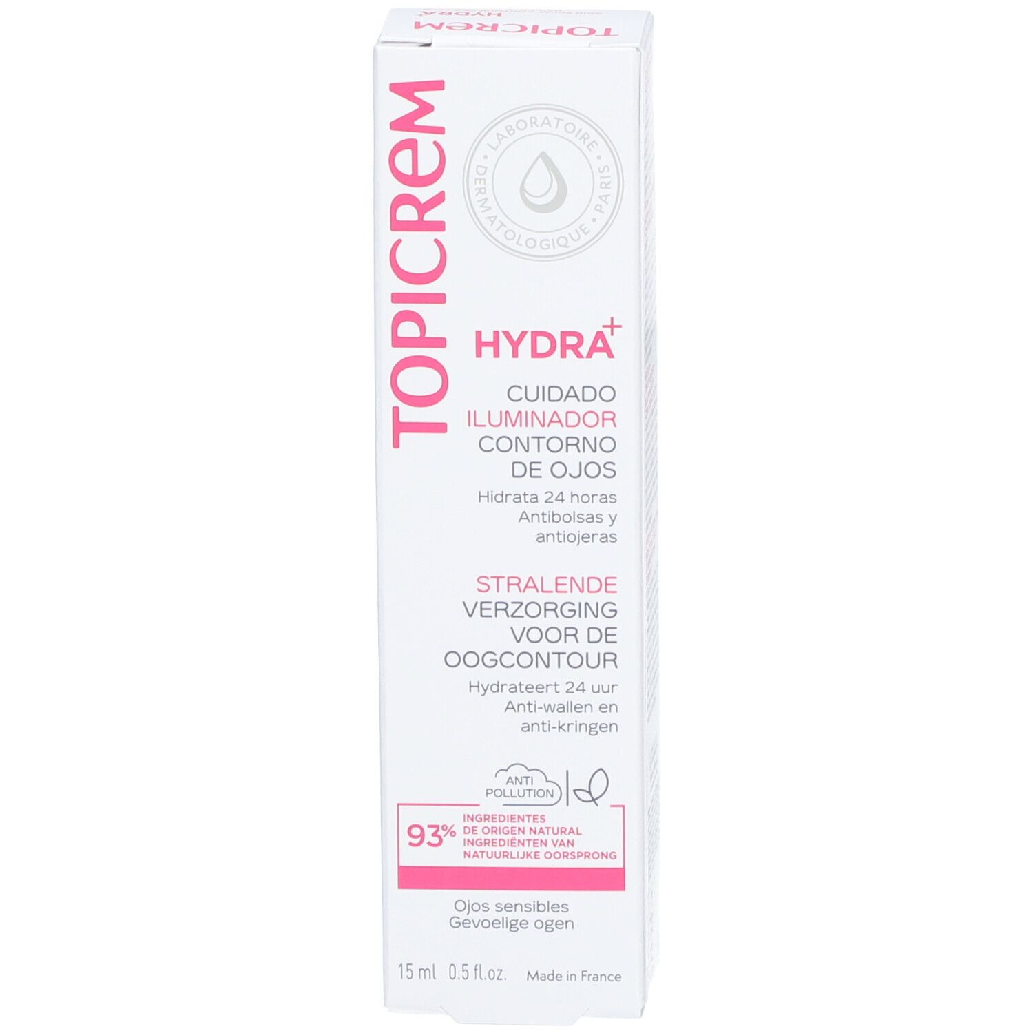 Côté de l'emballage Topicrem Hydra+ Radiance Contour des Yeux. Blanc, rose. Texte: Hydra+, soin contour des yeux, ingrédients.