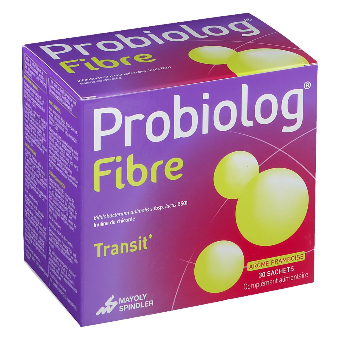 Boîte violette "Probiolog Fibre". Visuel jaune. Inscription "Transit" et "Arôme framboise".