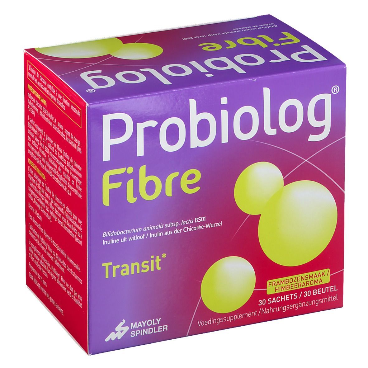 Boîte violette "Probiolog Fibre". Visuel jaune. Inscription "Transit" et "Frambozensmaak".
