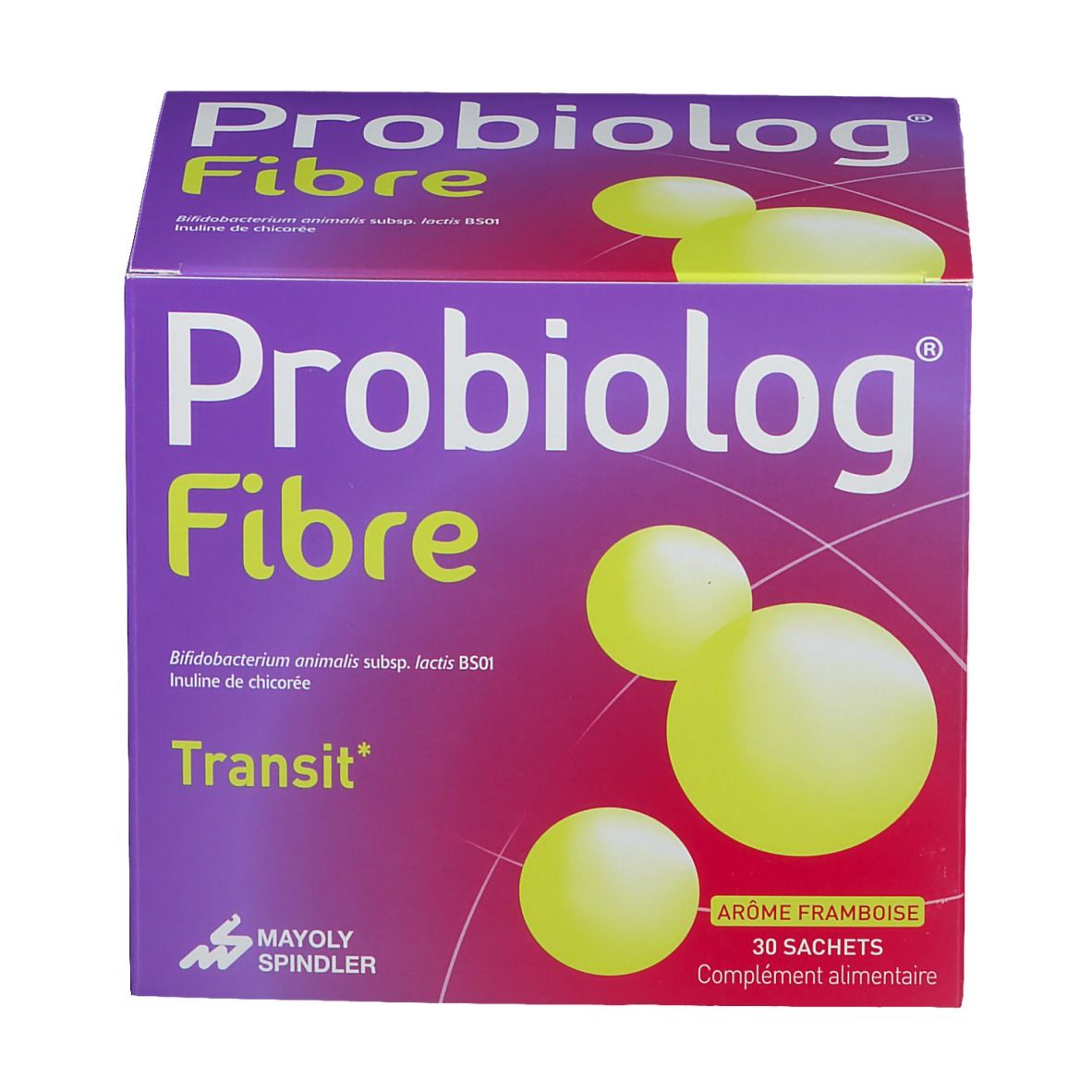 Boîte violette "Probiolog Fibre". Visuel jaune. Inscription "Transit" et "Arôme framboise".