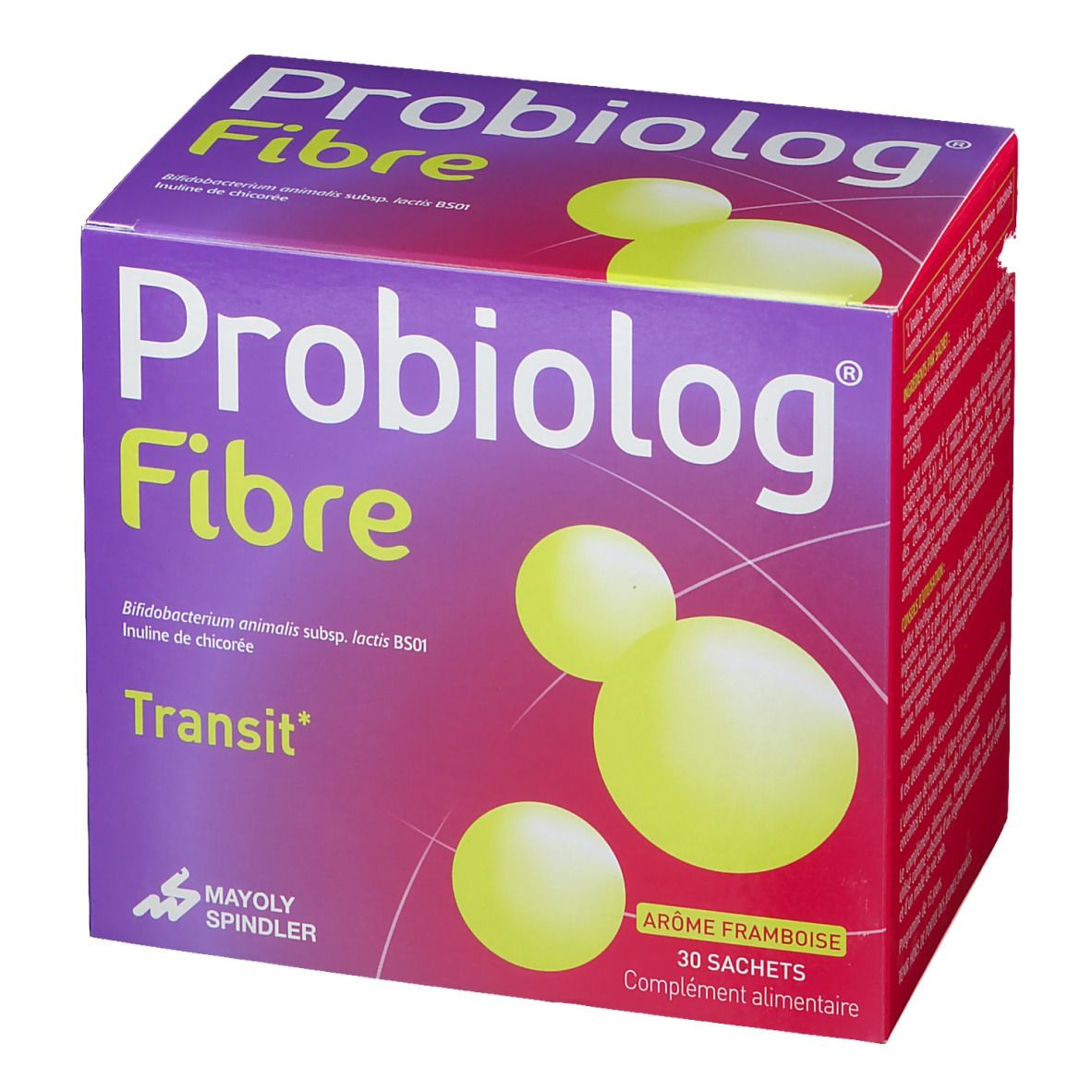 Boîte violette "Probiolog Fibre". Visuel jaune. Inscription "Transit" et "Arôme framboise".