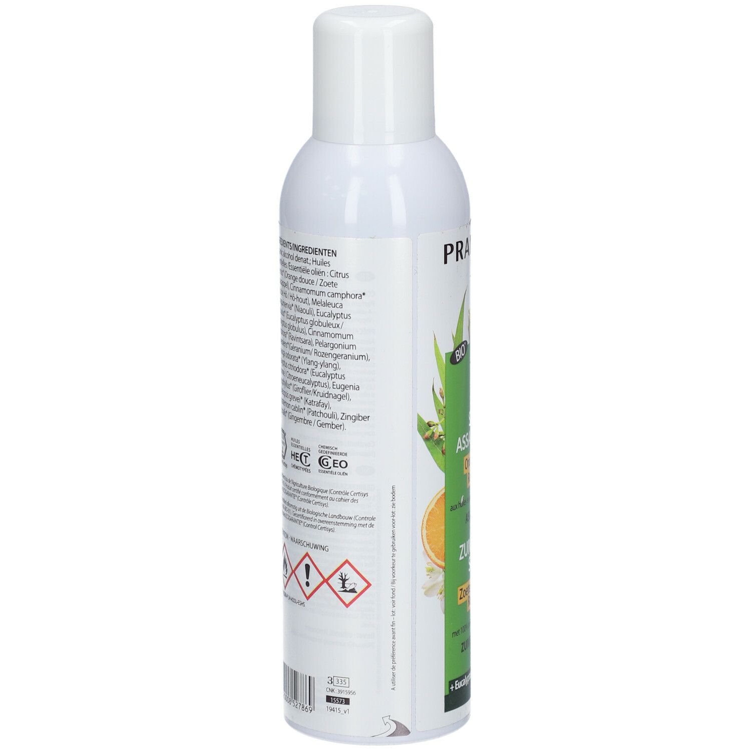 Flacon spray blanc avec étiquettes vertes et oranges. Texte : Pranarôm, ingrédients, certification bio, symboles de danger.