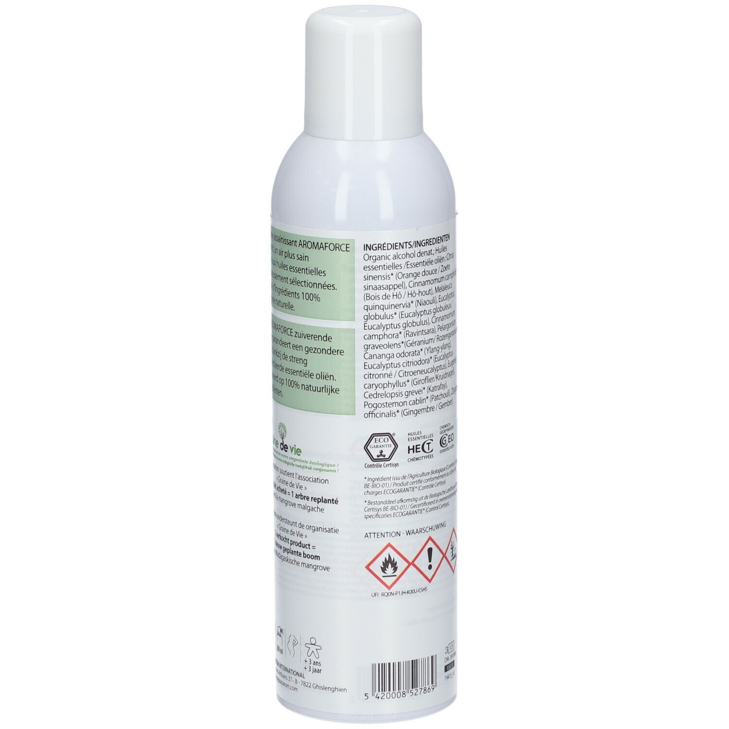 Dos d'un flacon spray blanc. Texte : Pranarôm, Aromaforce, ingrédients, certification bio, symboles de danger.