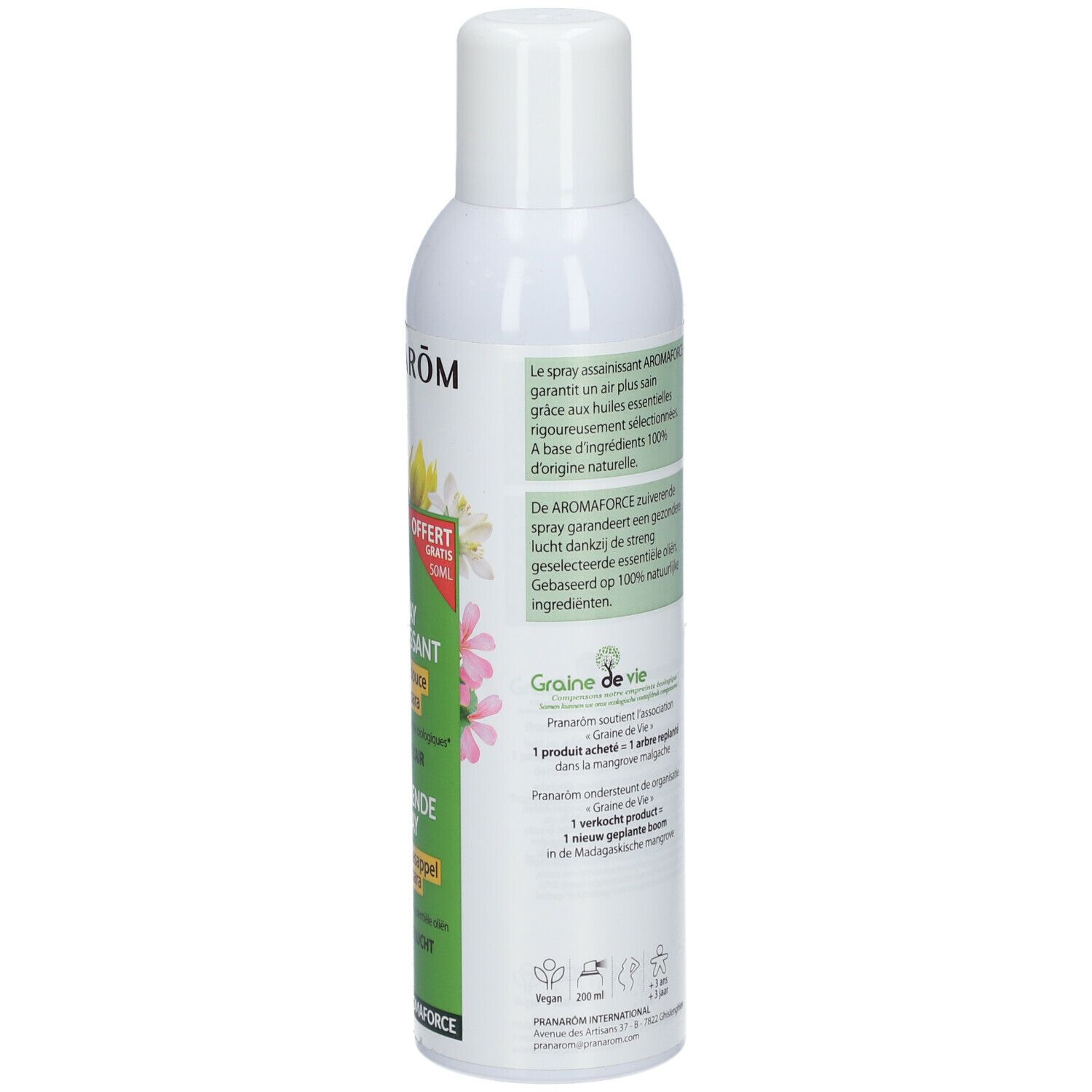 Dos d'un flacon spray blanc. Texte : Pranarôm, Aromaforce, Graine de Vie, 200 ml, certification bio.