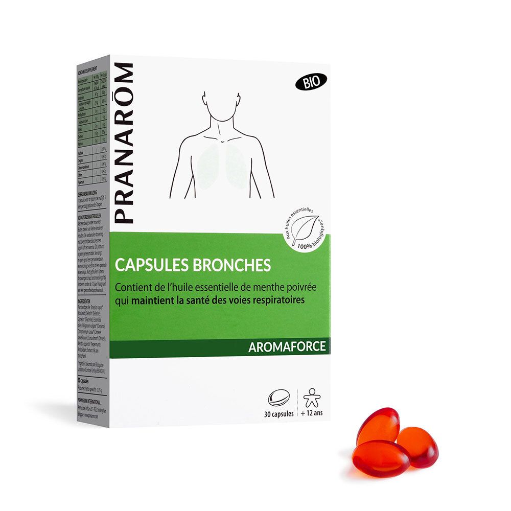 Boîte de capsules Pranarom. Capsules Bronches, huile essentielle de menthe poivrée. Certification Bio. 30 capsules. 