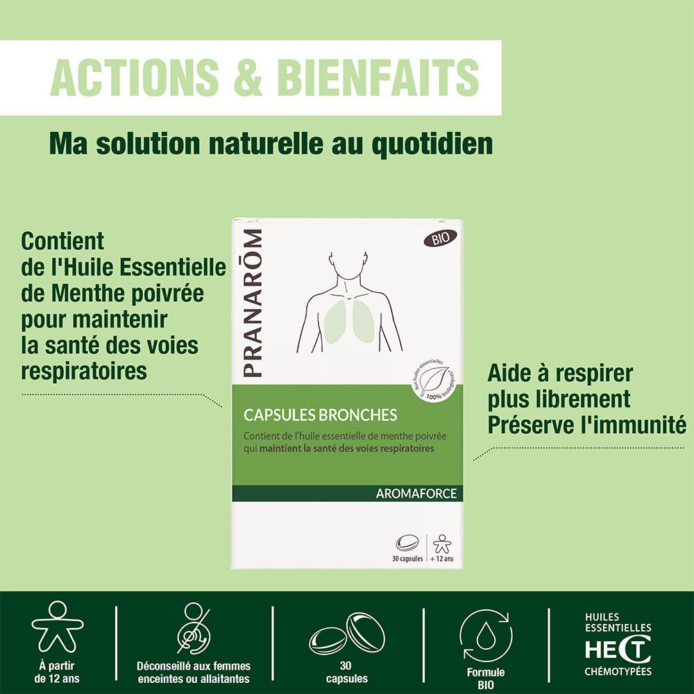 Emballage du produit avec texte: Pranarom, Capsules Bronches. Huile essentielle de menthe poivrée. Certification Bio. 30 capsules. Avantages.