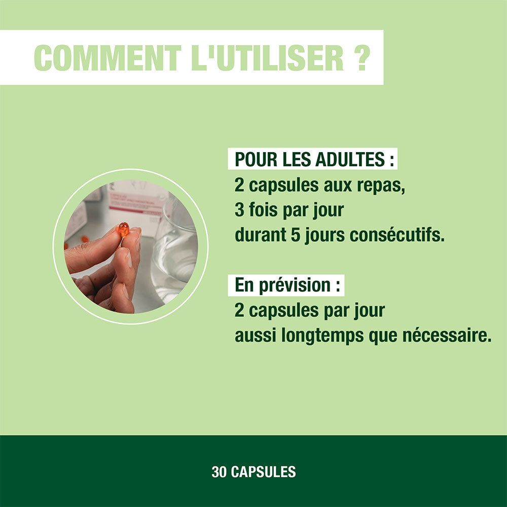 Gebruiksaanwijzing: 2 capsules bij de maaltijd, 3 keer per dag gedurende 5 dagen. Ter preventie: 2 capsules per dag.